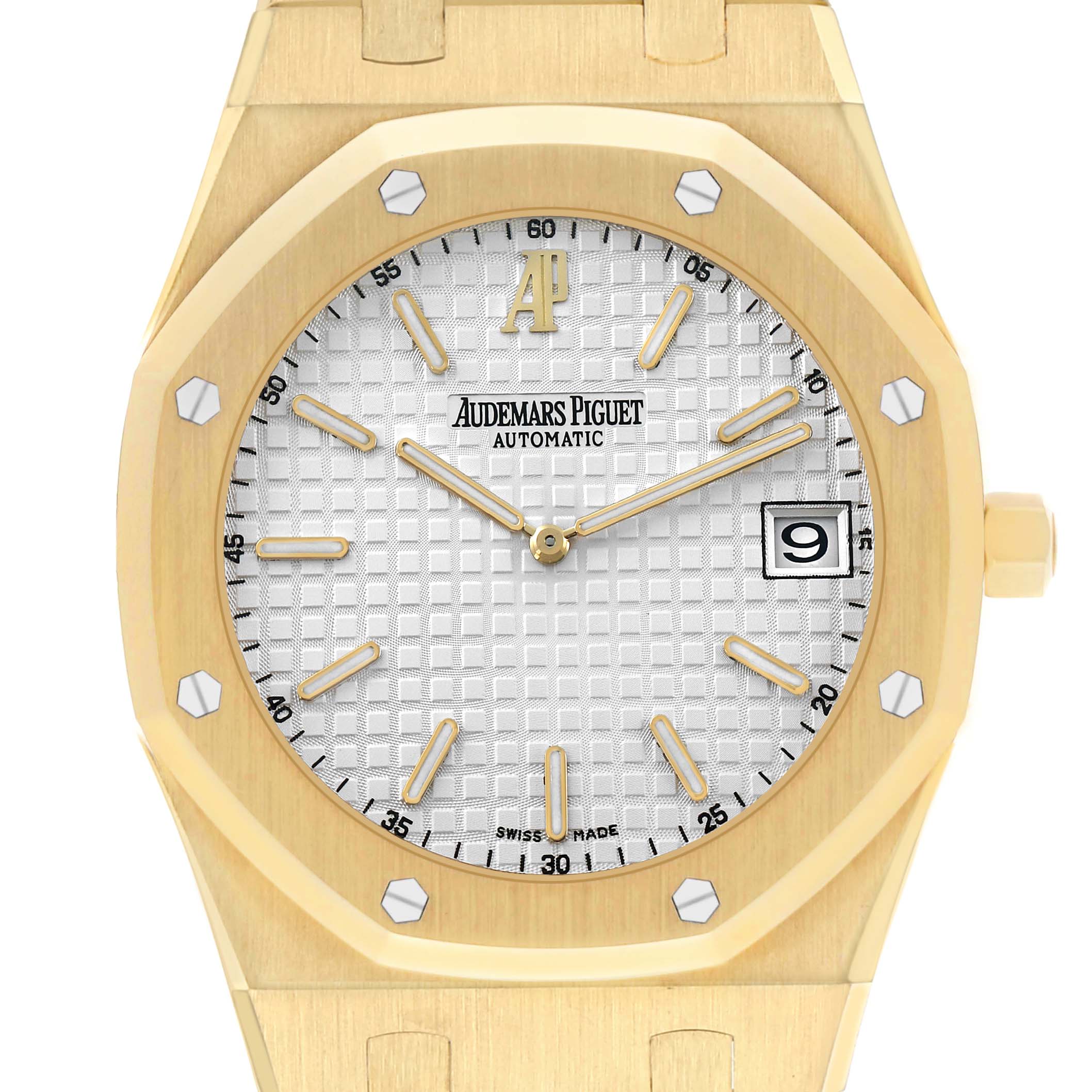 The image shows a frontal view of the Audemars Piguet Royal Oak 15202BA.OO.0944BA.01 Men's Yellow Gold White Dial, highlighting its octagonal bezel, dial, and date window.