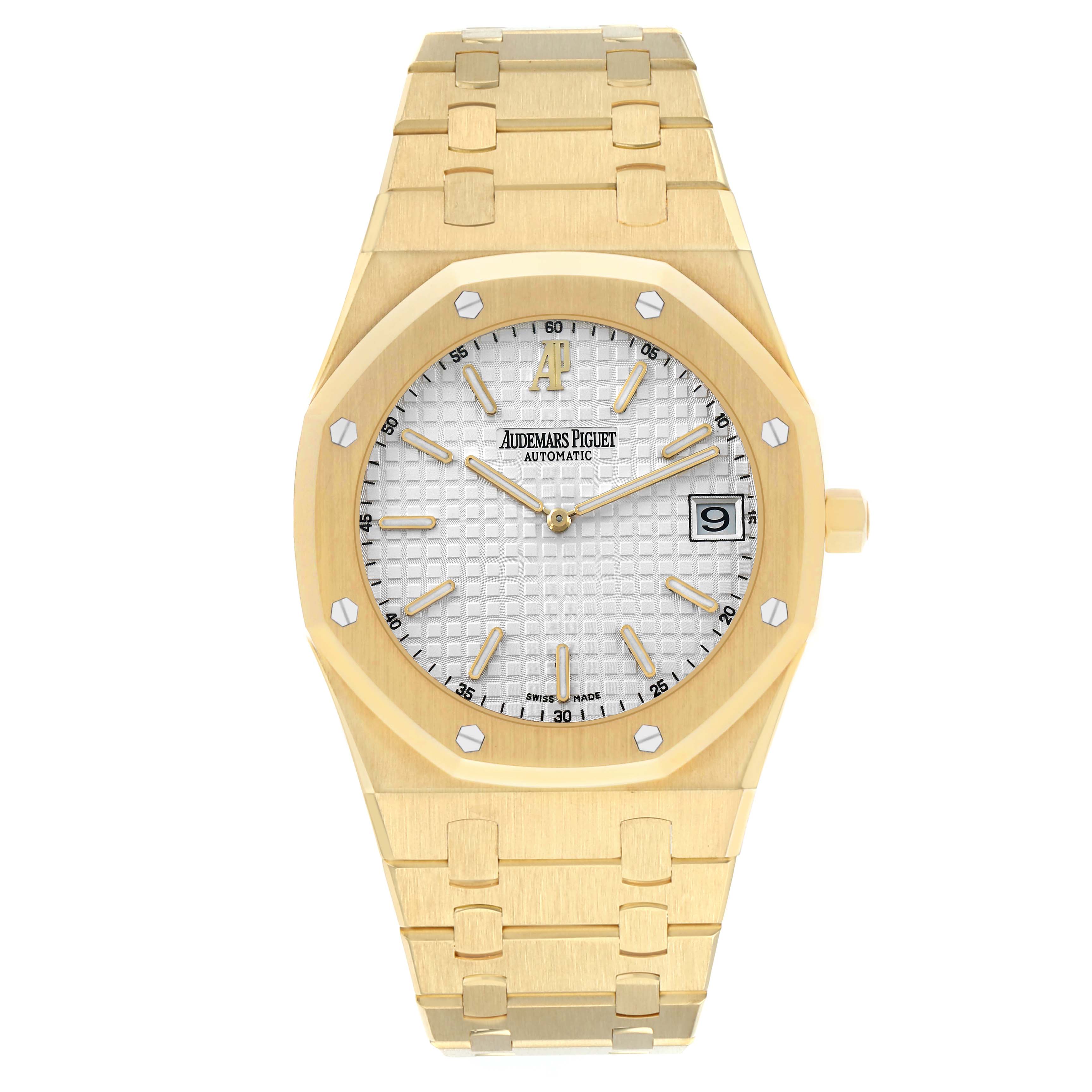 The Audemars Piguet Royal Oak 15202BA.OO.0944BA.01 Men's Yellow Gold White Dial watch is shown from a front angle, revealing its octagonal bezel, bracelet, and dial details.
