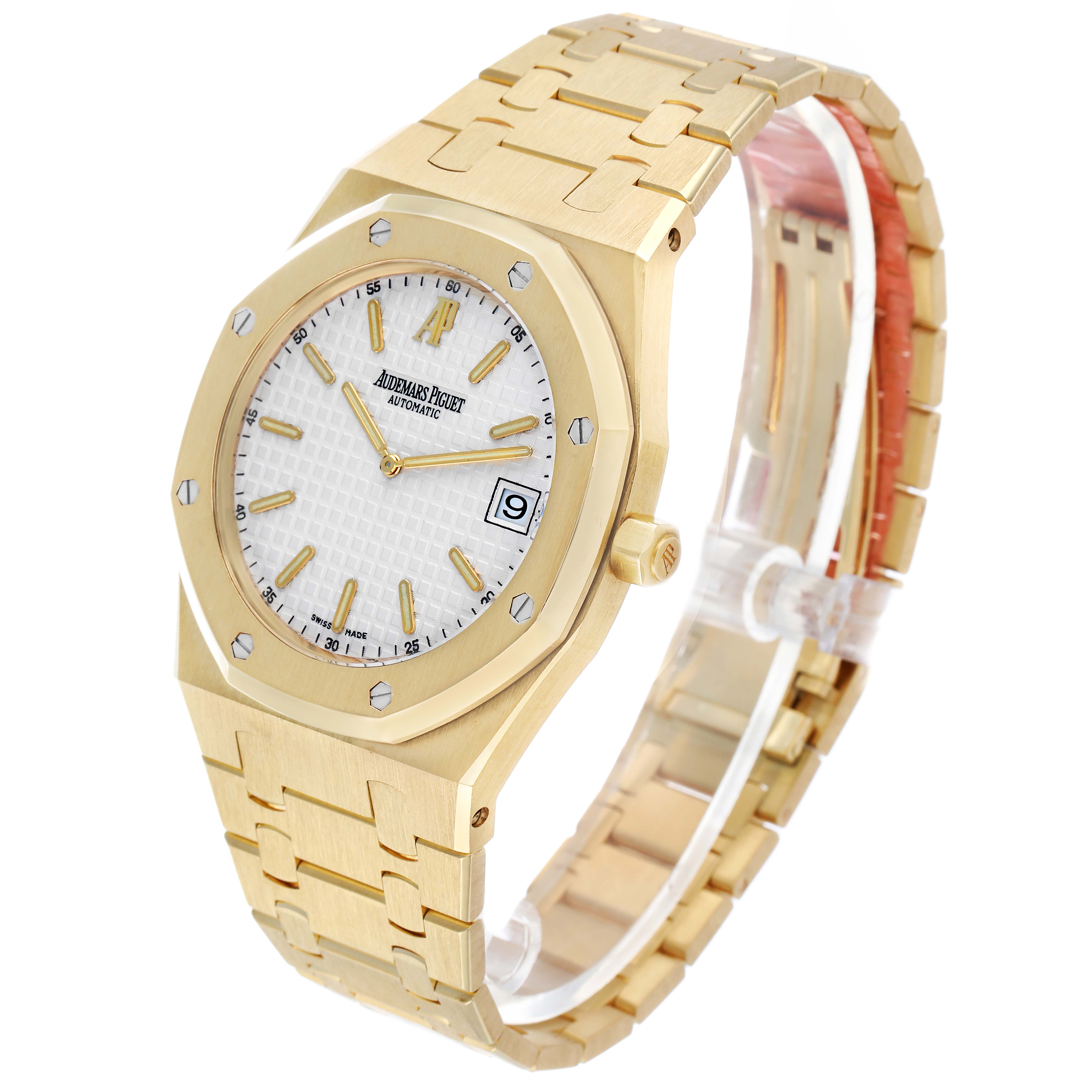 The Audemars Piguet Royal Oak 15202BA.OO.0944BA.01 Men's Yellow Gold White Dial watch is shown at a three-quarter angle, displaying the face, bezel, bracelet, and crown.