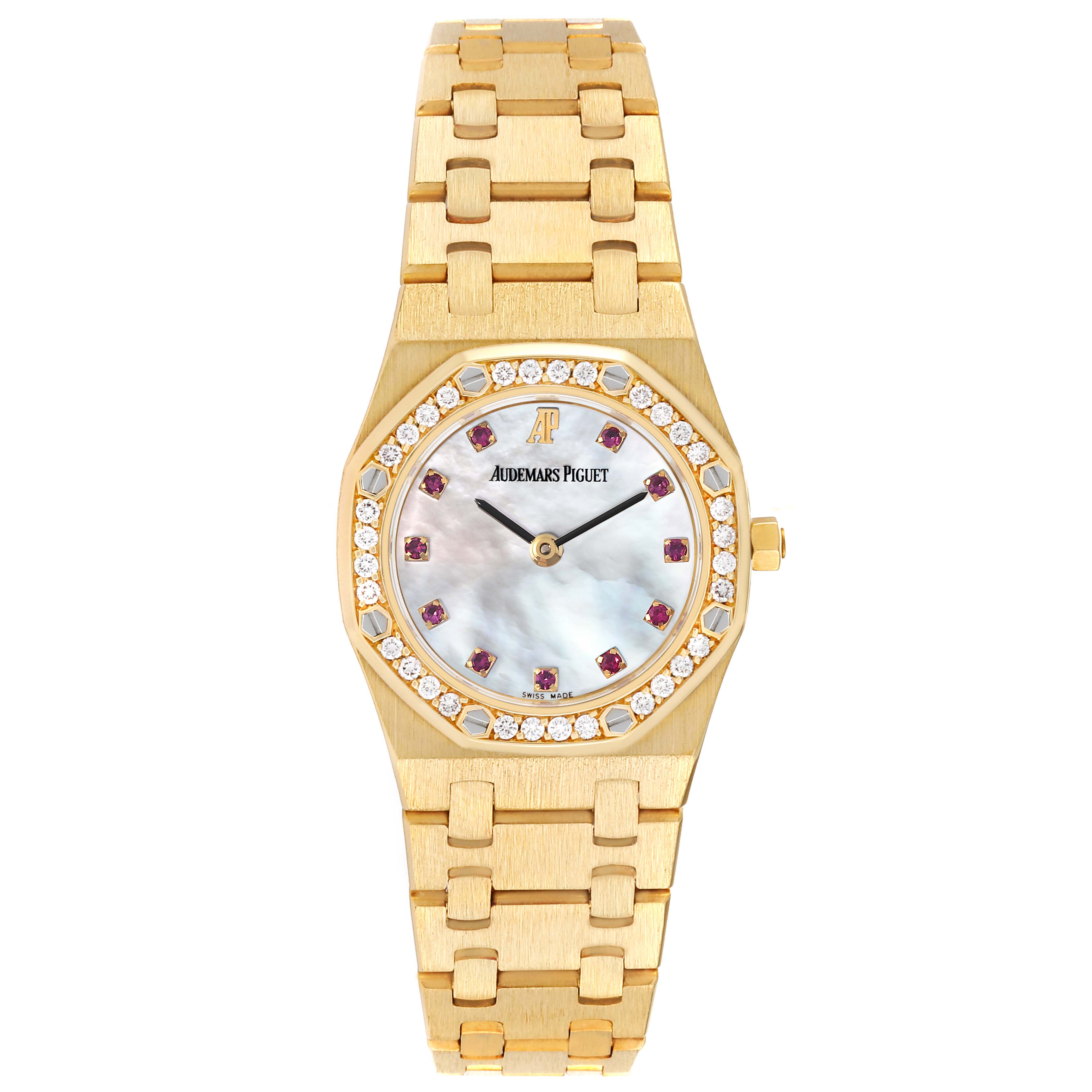 This image shows the front view of an Audemars Piguet Royal Oak 66344BA Women's Yellow Gold Mother of Pearl Dial 66344BA Women's Yellow Gold Mother of Pearl Dial watch, displaying the dial, bezel, and bracelet.