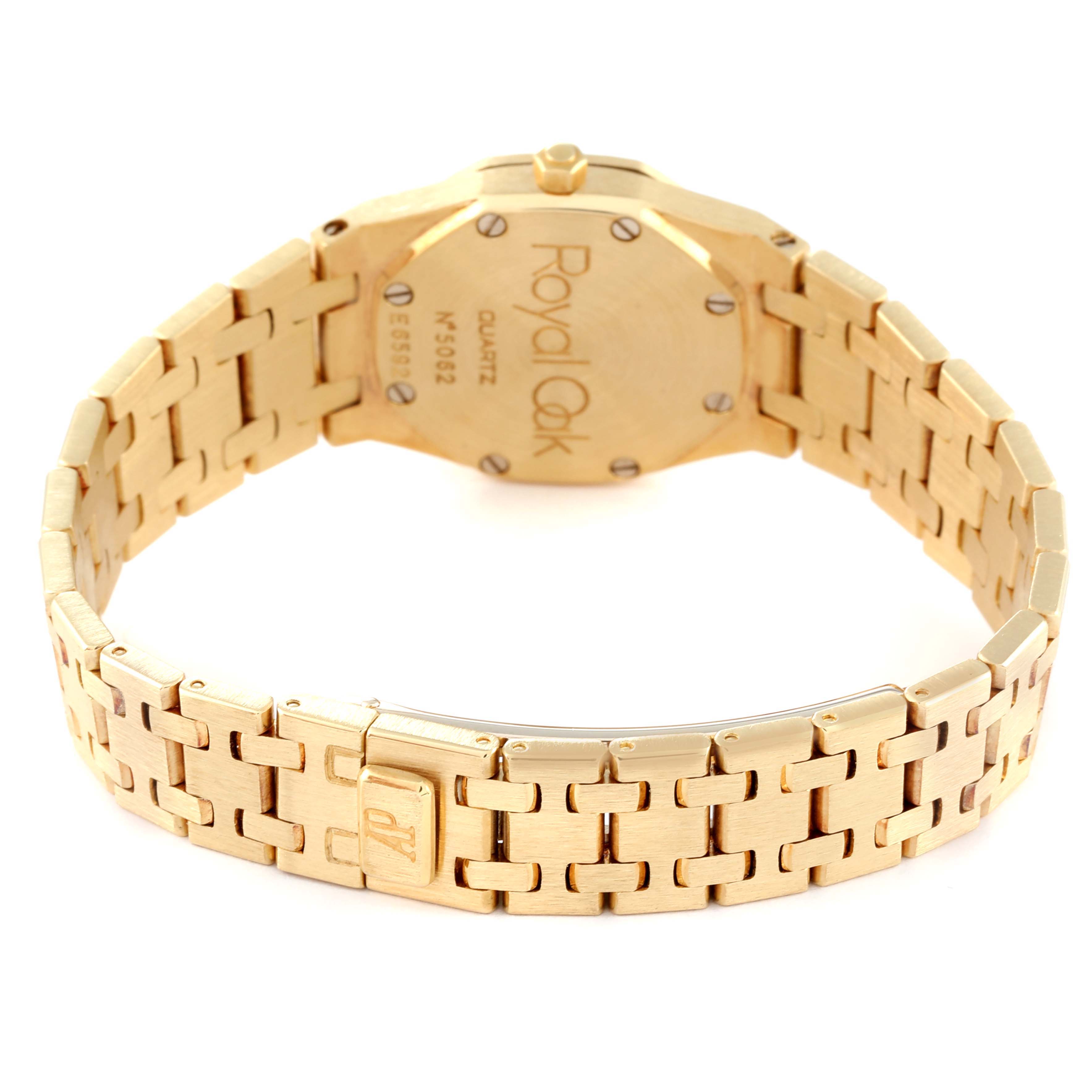 The image shows the back view of an Audemars Piguet Royal Oak 66344BA Women's Yellow Gold Mother of Pearl Dial 66344BA Women's Yellow Gold Mother of Pearl Dial watch, highlighting the bracelet and clasp.