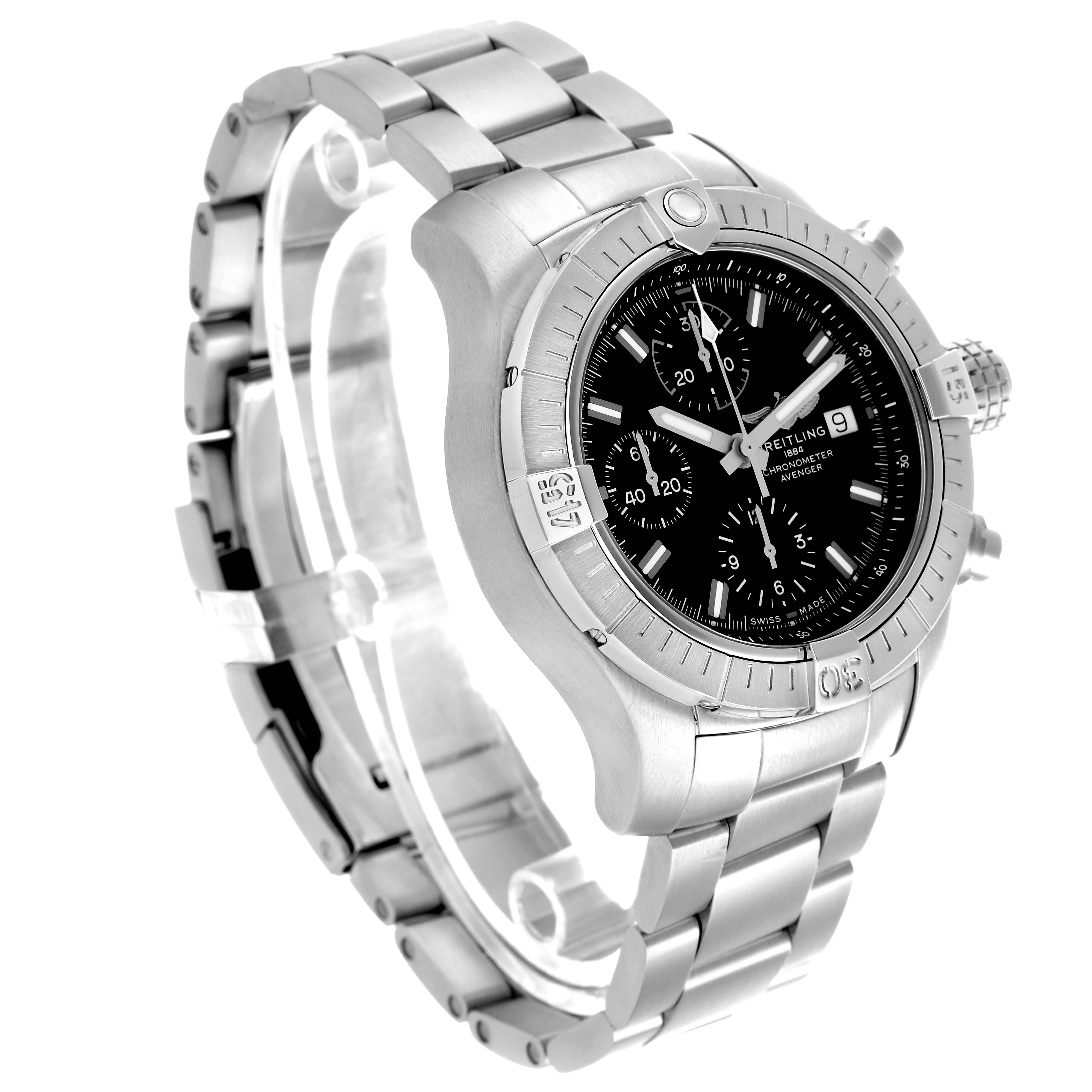 The Breitling Avenger A13385 Men's Stainless Steel Black Dial watch is shown at a three-quarter angle, highlighting the bezel, dial, and stainless steel bracelet.
