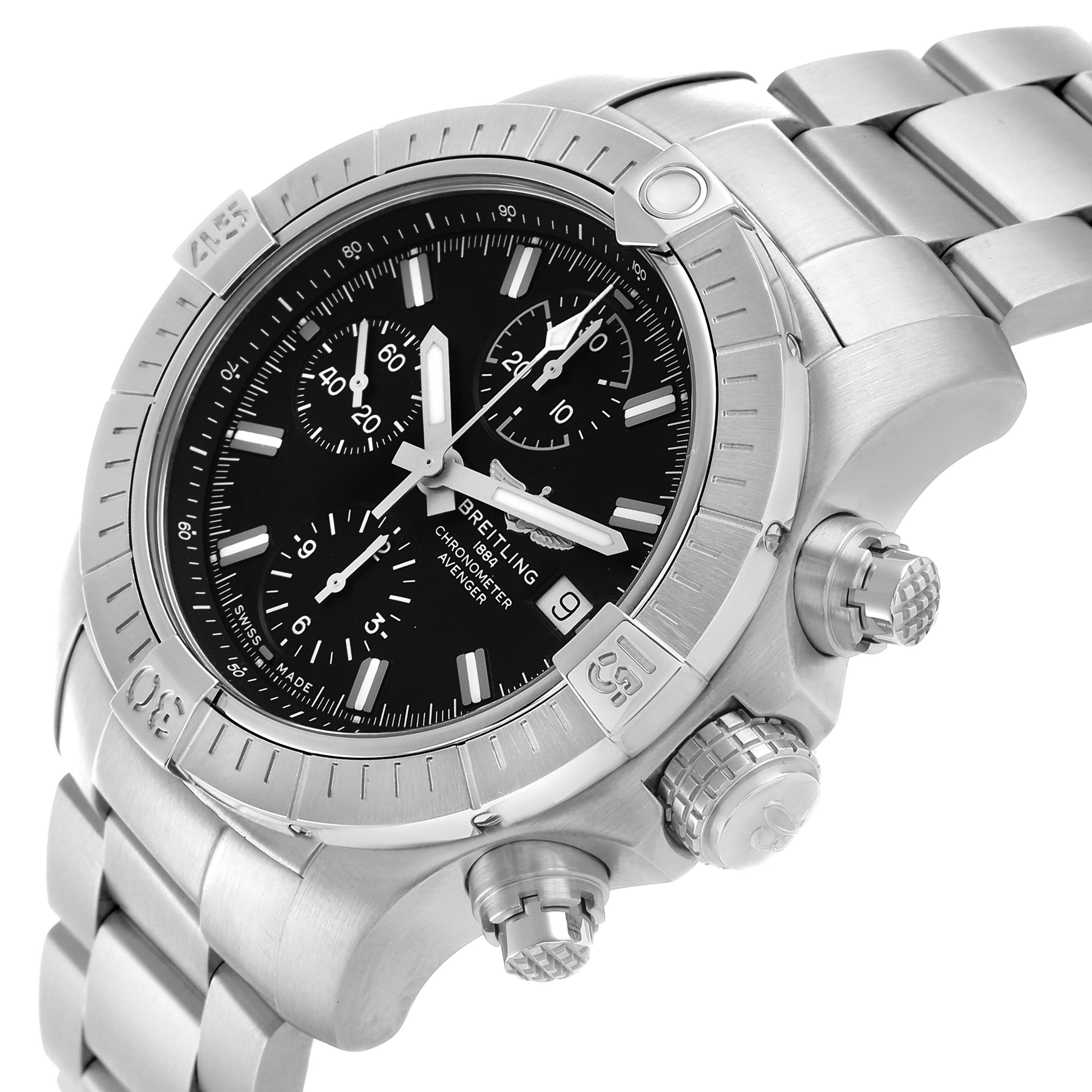 The Breitling Avenger A13385 Men's Stainless Steel Black Dial watch is shown at an angled top-front view, highlighting the bezel, dial, chronograph buttons, and bracelet.