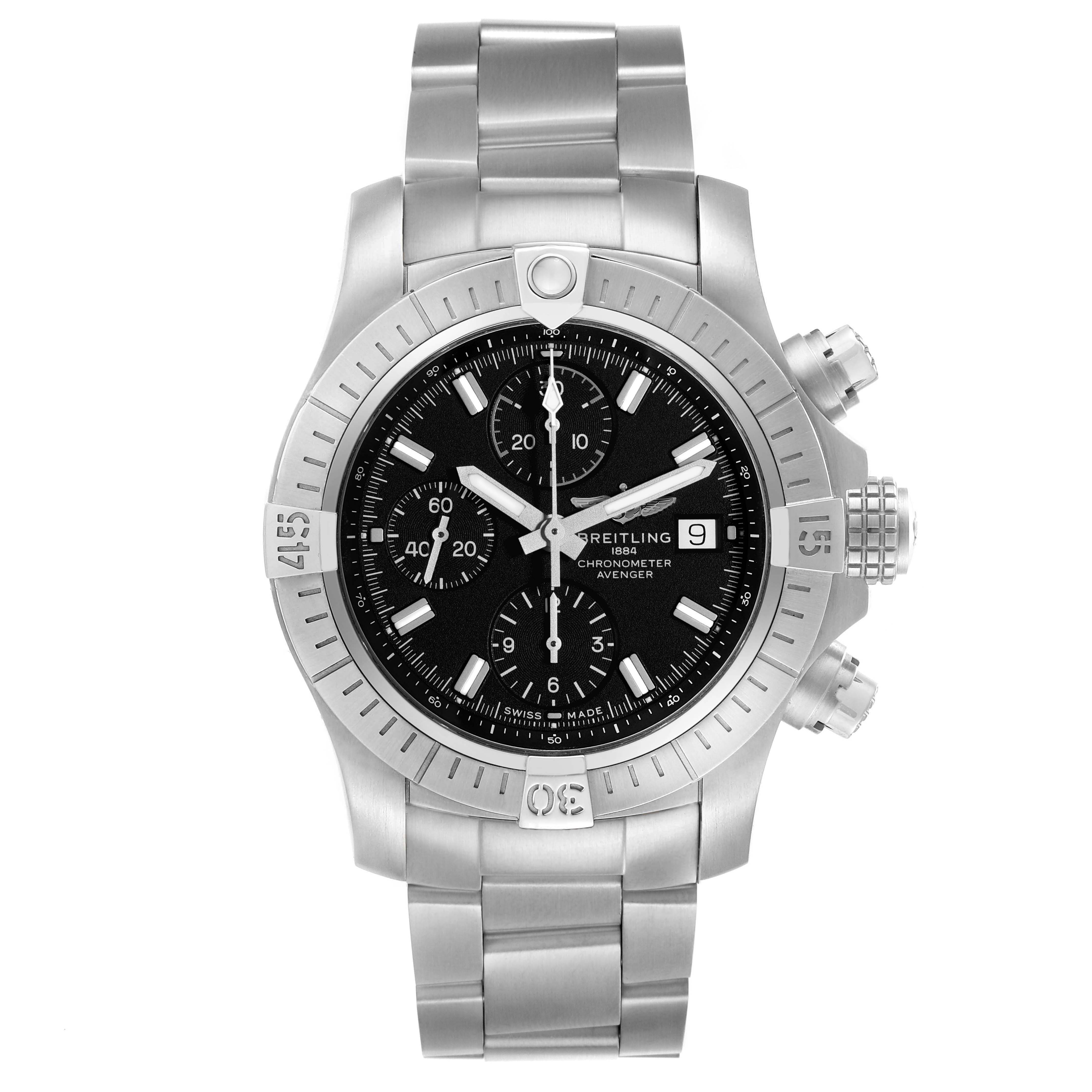 The Breitling Avenger A13385 Men's Stainless Steel Black Dial watch is shown from the front, displaying its face, bezel, and stainless steel bracelet.