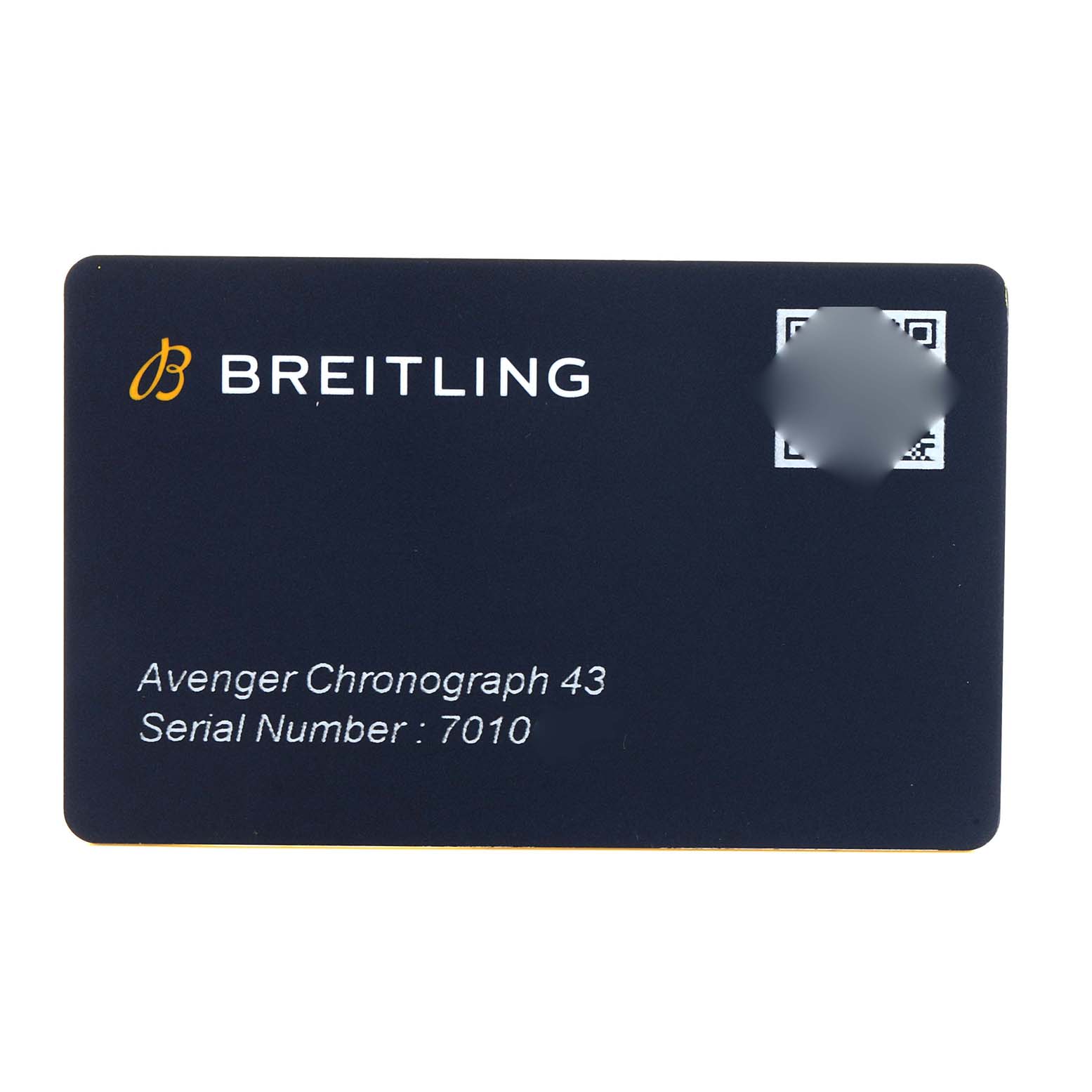 The image shows the warranty card for a Breitling Avenger A13385 Men's Stainless Steel Black Dial Chronograph 43 watch.