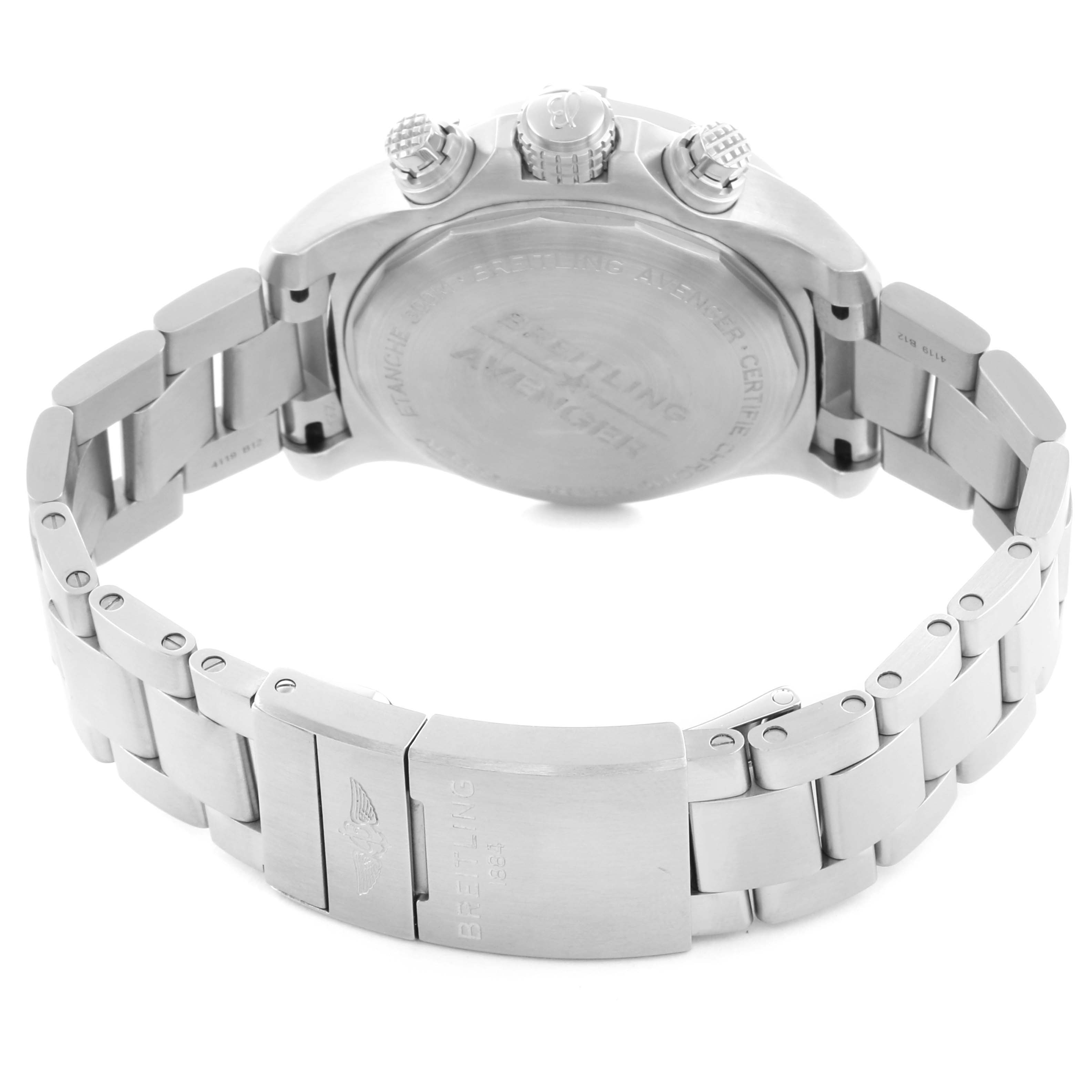 The Breitling Avenger A13385 Men's Stainless Steel Black Dial watch is shown from the back, revealing the case back, crown, pushers, and metal bracelet with the clasp.