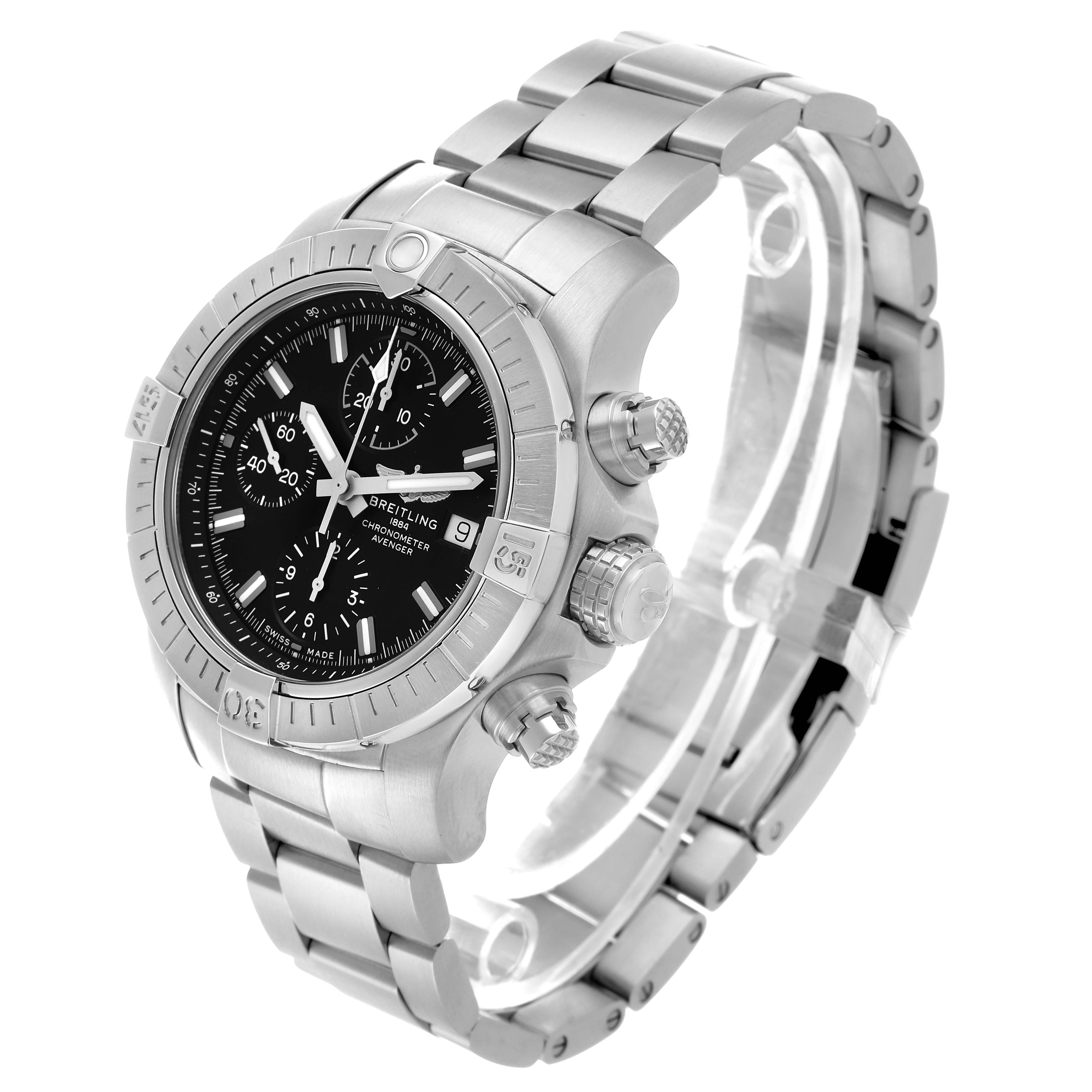 The Breitling Avenger A13385 Men's Stainless Steel Black Dial watch is shown from a three-quarter angle, displaying the dial, case, crown, and part of the bracelet.
