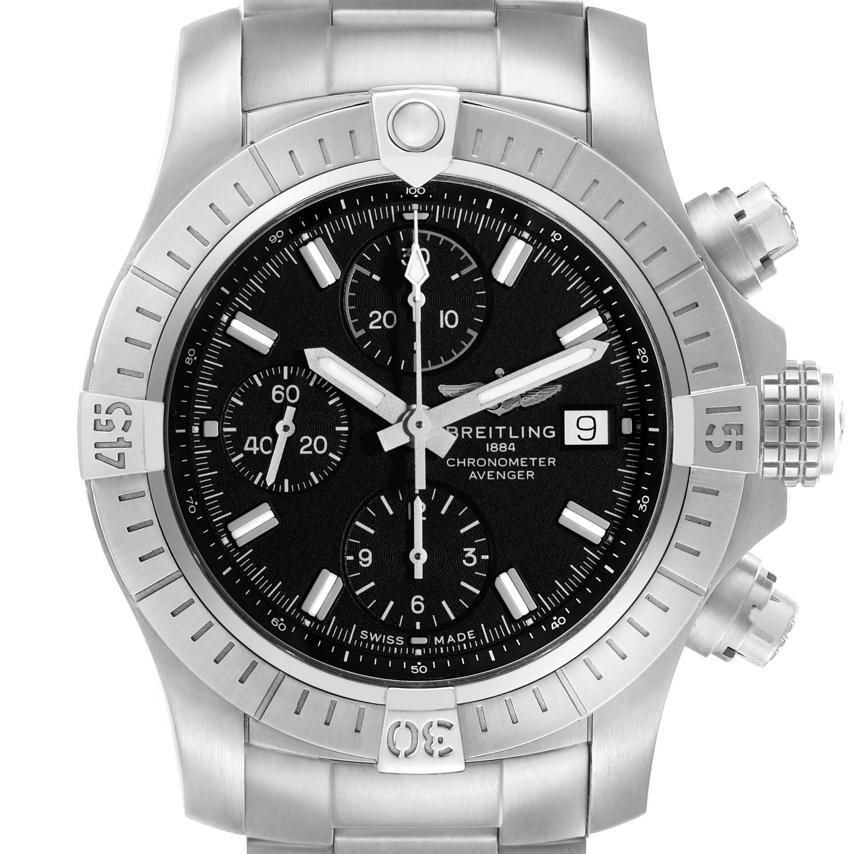 The Breitling Avenger A13385 Men's Stainless Steel Black Dial watch is shown from the front, highlighting the bezel, dial, chronograph sub-dials, and pushers.