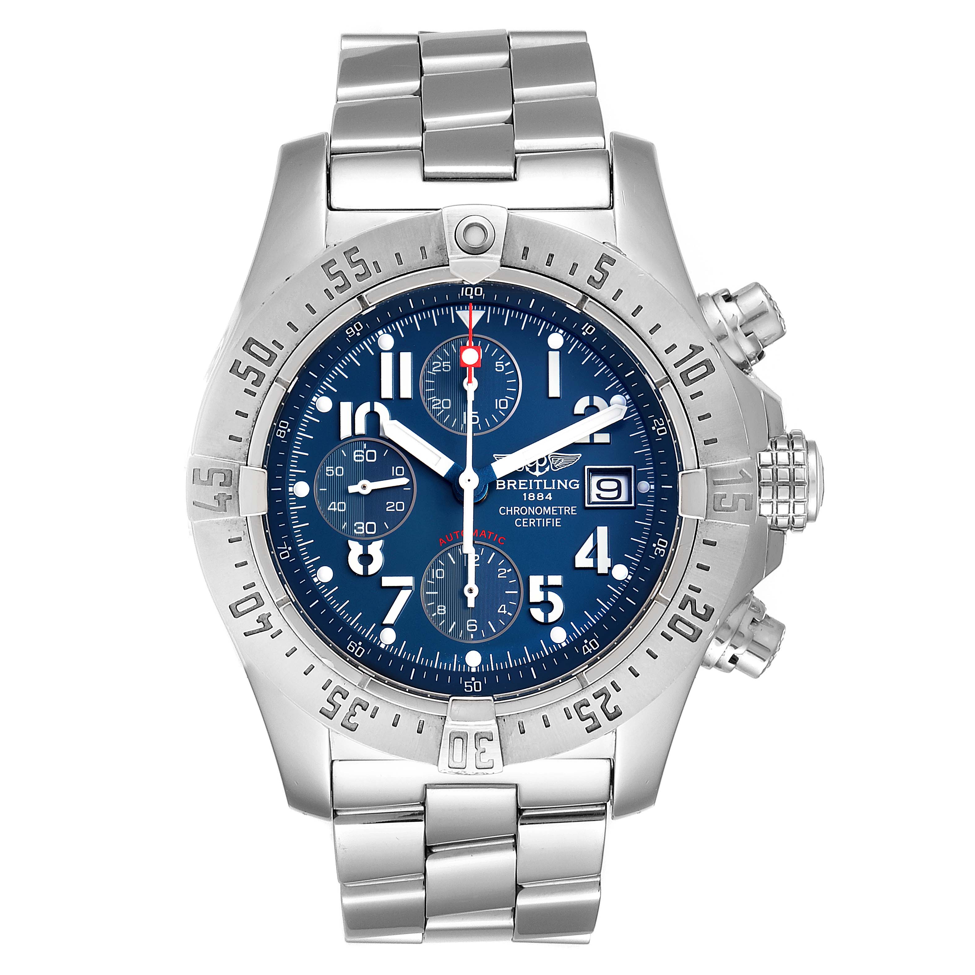 The image shows a front view of a Breitling Avenger A13381 Men's Stainless Steel Blue Dial A13381 Men's Stainless Steel Blue Dial model watch, displaying its dial, bezel, and metal bracelet.