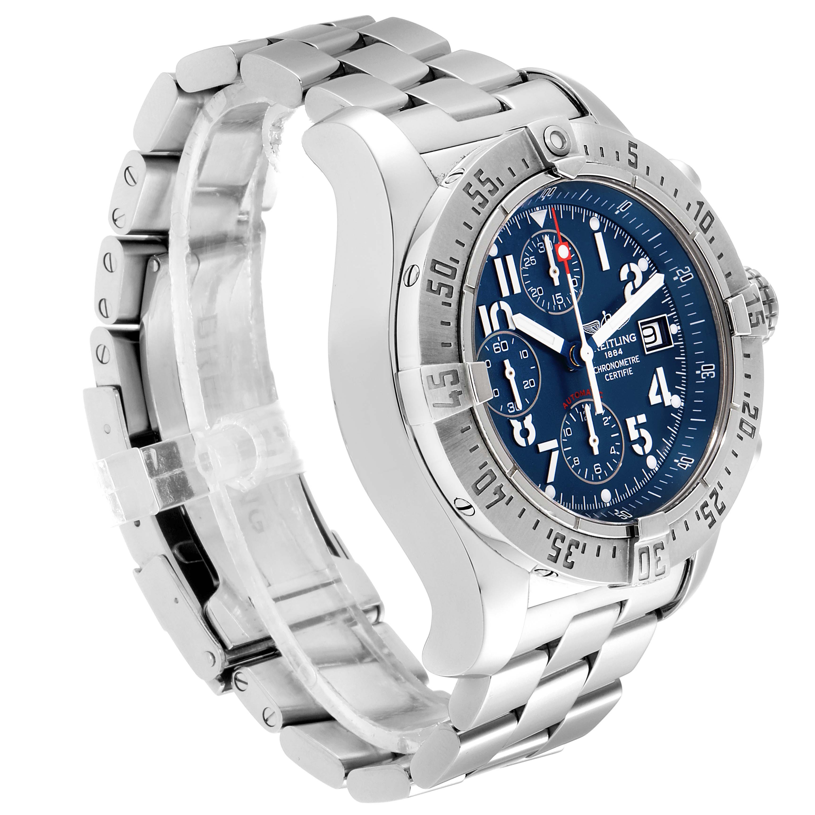 The image shows a silver Breitling Avenger A13381 Men's Stainless Steel Blue Dial A13381 Men's Stainless Steel Blue Dial watch from a three-quarter angle, highlighting its bracelet, bezel, and blue dial.