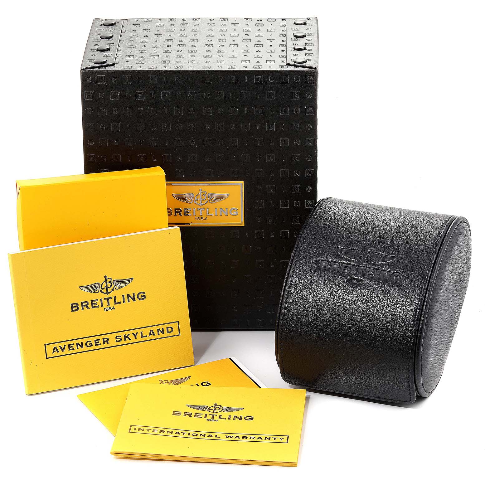 The image shows the packaging, warranty, manual, and leather case for the Breitling Avenger A13381 Men's Stainless Steel Blue Dial A13381 Men's Stainless Steel Blue Dial model watch.