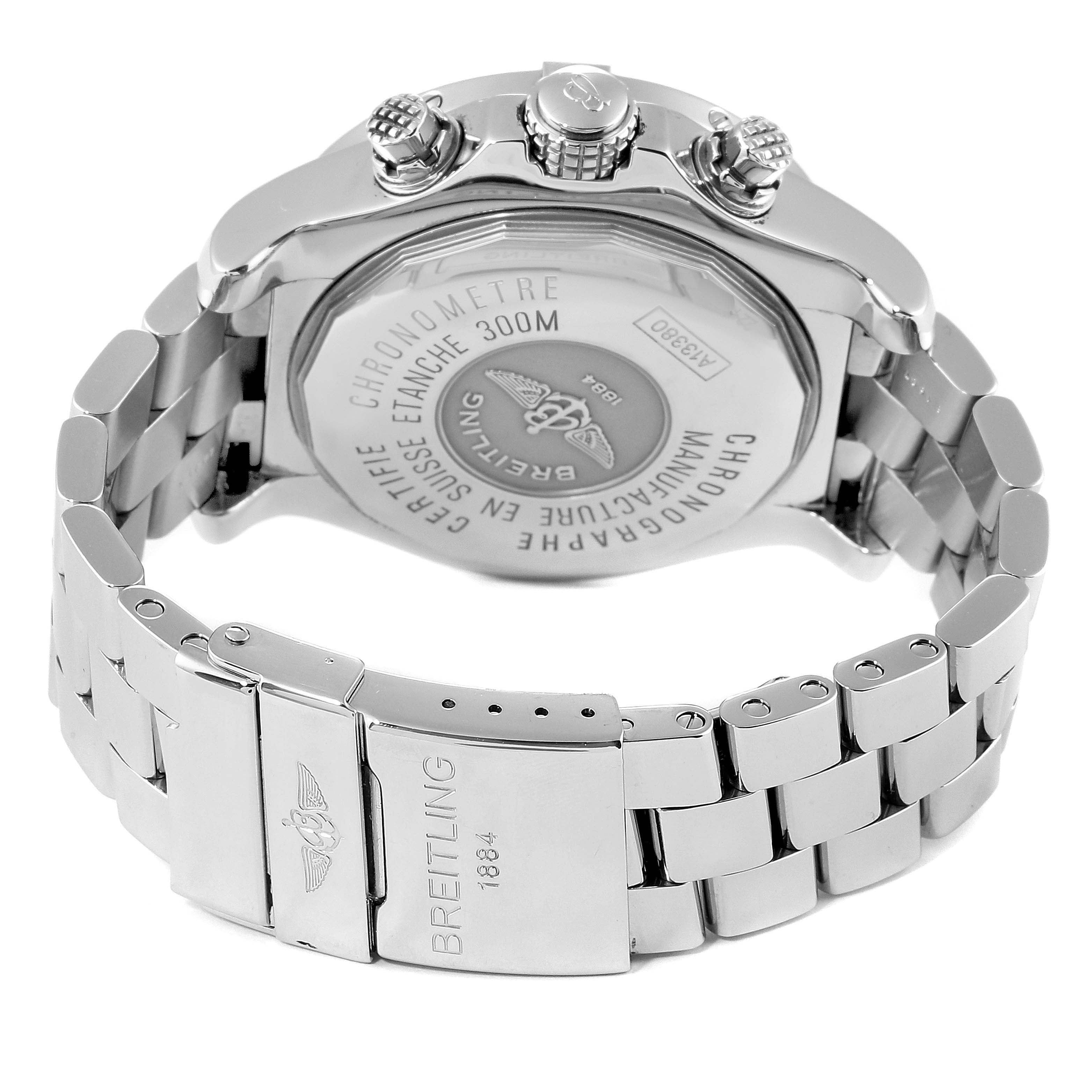 This image shows the back view of the Breitling Avenger A13381 Men's Stainless Steel Blue Dial A13381 Men's Stainless Steel Blue Dial watch, highlighting its case back and metal bracelet.