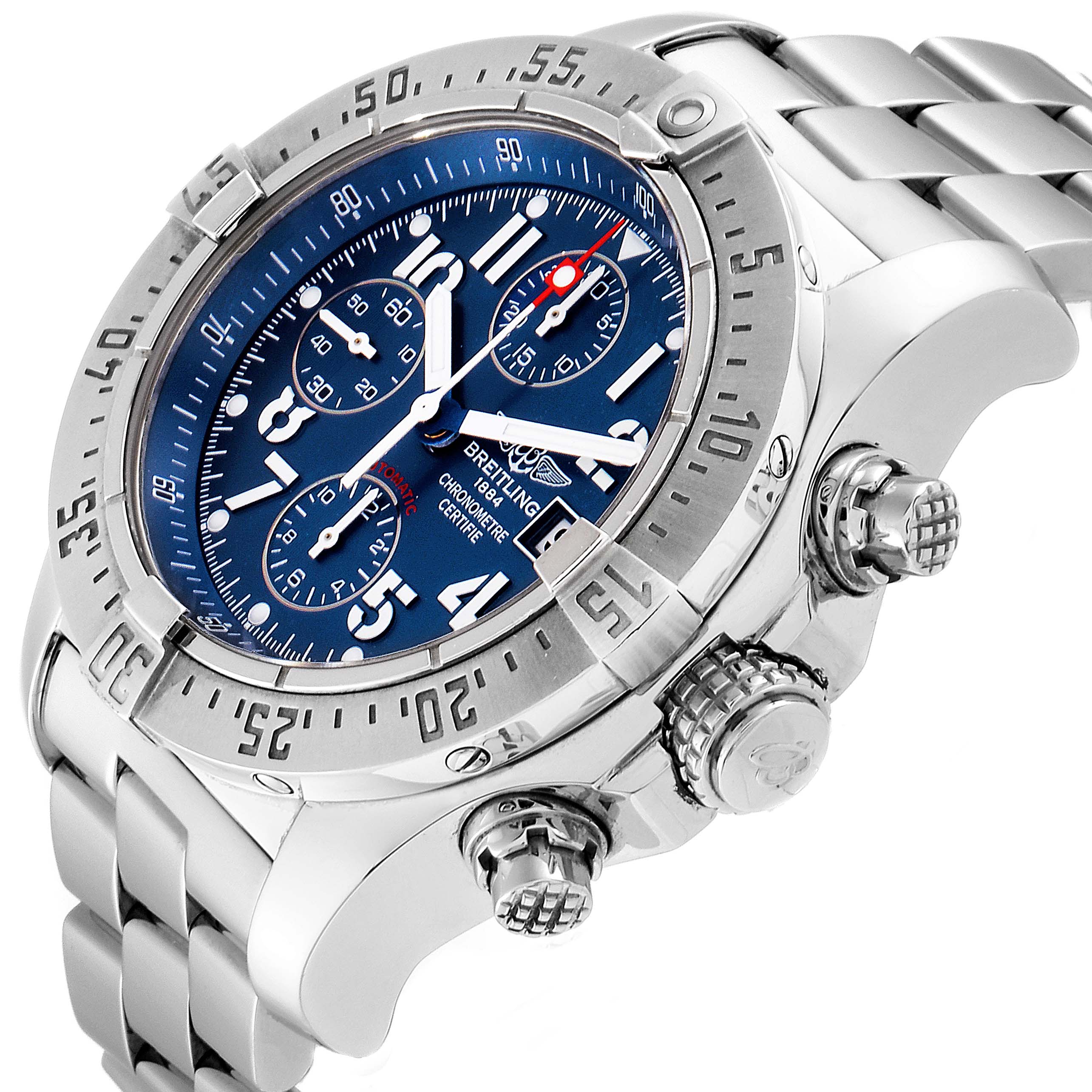 The image shows a Breitling Avenger A13381 Men's Stainless Steel Blue Dial A13381 Men's Stainless Steel Blue Dial watch at an angled side view, highlighting its bezel, dial, crown, and chronograph pushers.