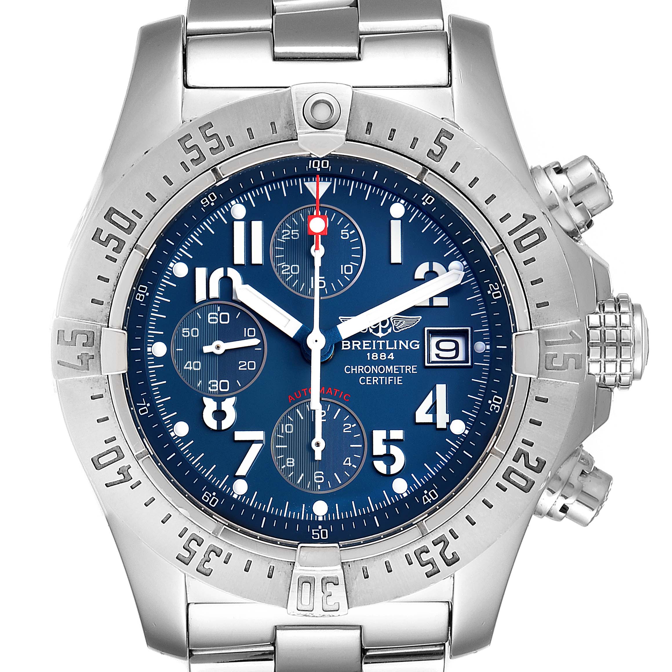 The image shows a front view of a Breitling Avenger A13381 Men's Stainless Steel Blue Dial A13381 Men's Stainless Steel Blue Dial model watch, featuring its dial, bezel, and crown.