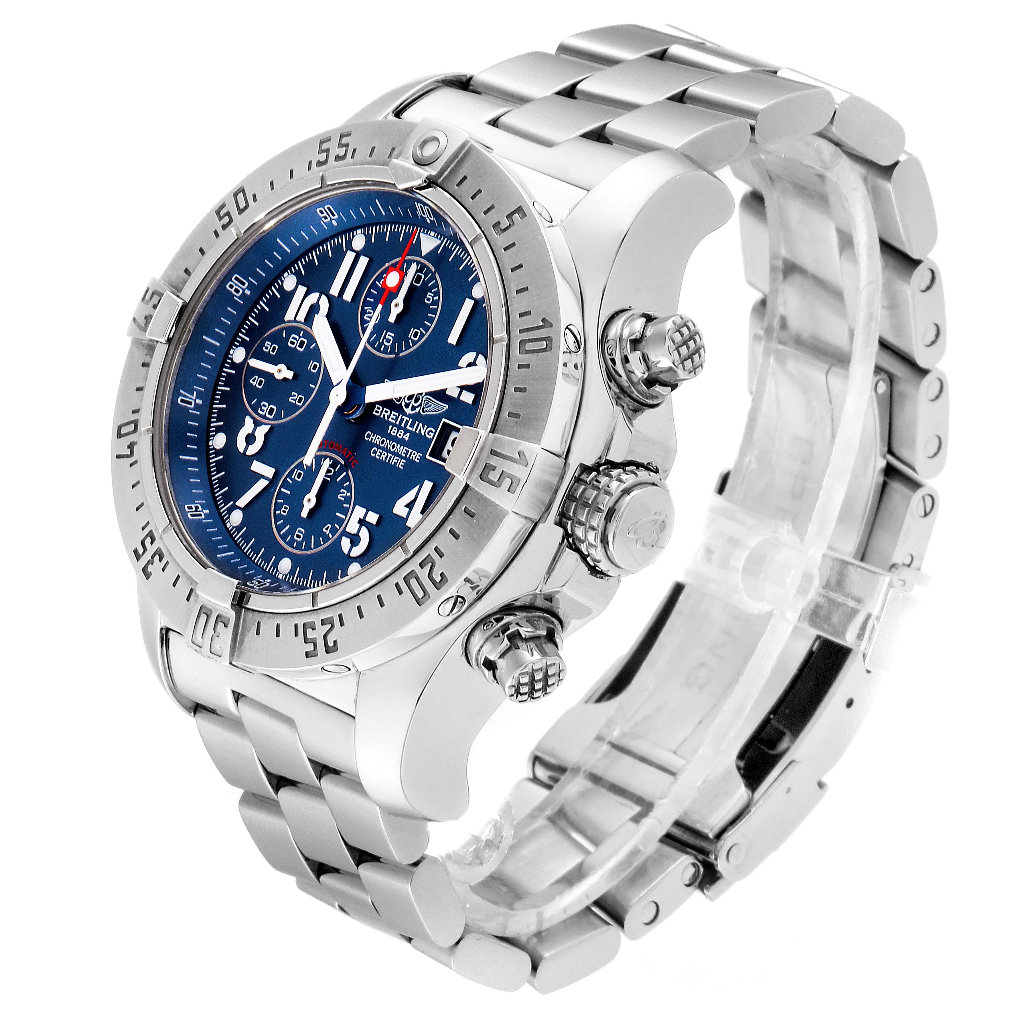 The Breitling Avenger A13381 Men's Stainless Steel Blue Dial A13381 Men's Stainless Steel Blue Dial watch is shown at a three-quarter angle, highlighting the dial, bezel, crown, pushers, and bracelet.