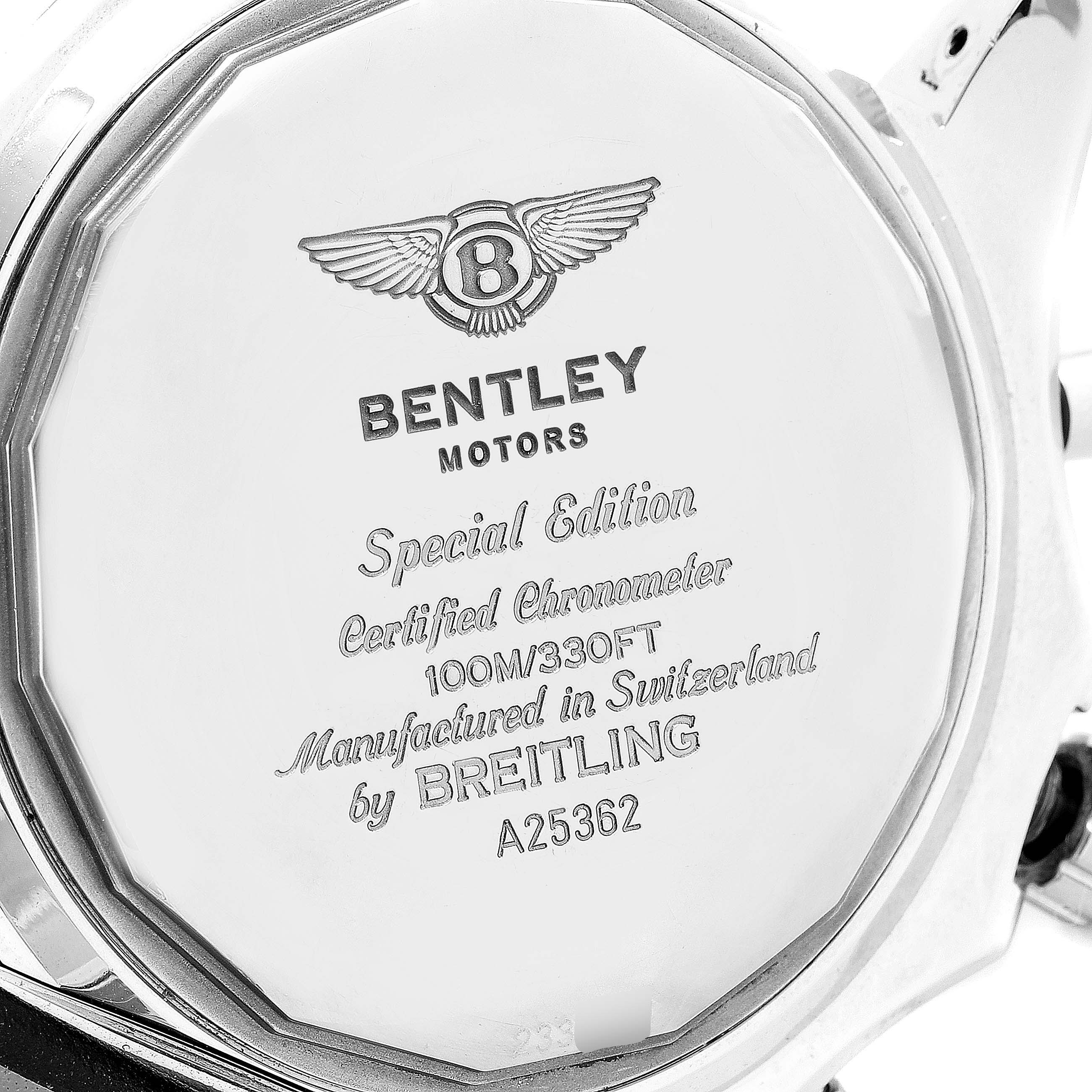The image shows the back case of a Breitling Bentley A25362 Men's Stainless Steel Black Dial A25362 Men's Stainless Steel Black Dial Motors watch, highlighting the watch model details and branding.