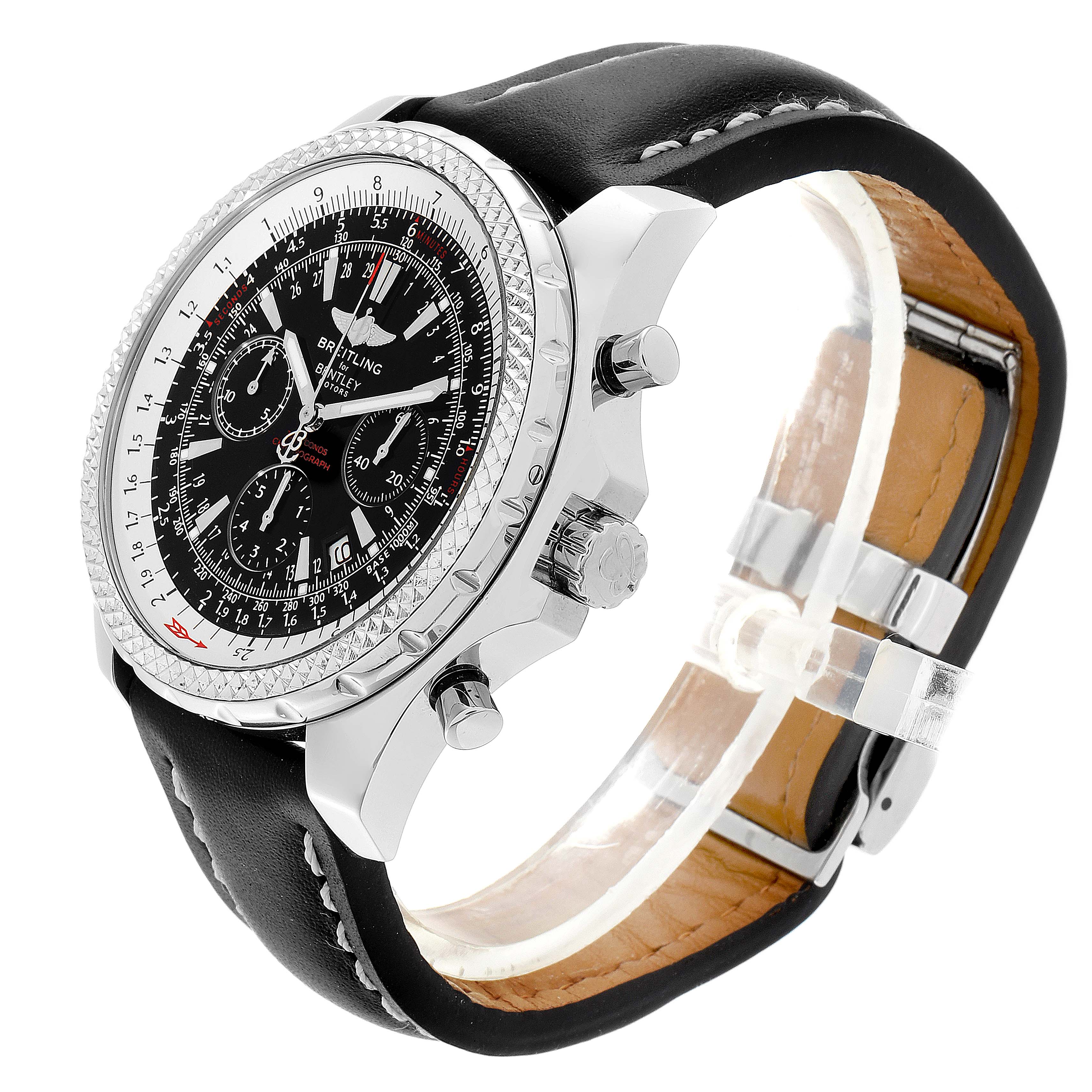 The side angle shows the bezel, chronograph pushers, crown, black dial, and leather strap of the Breitling Bentley A25362 Men's Stainless Steel Black Dial A25362 Men's Stainless Steel Black Dial watch.