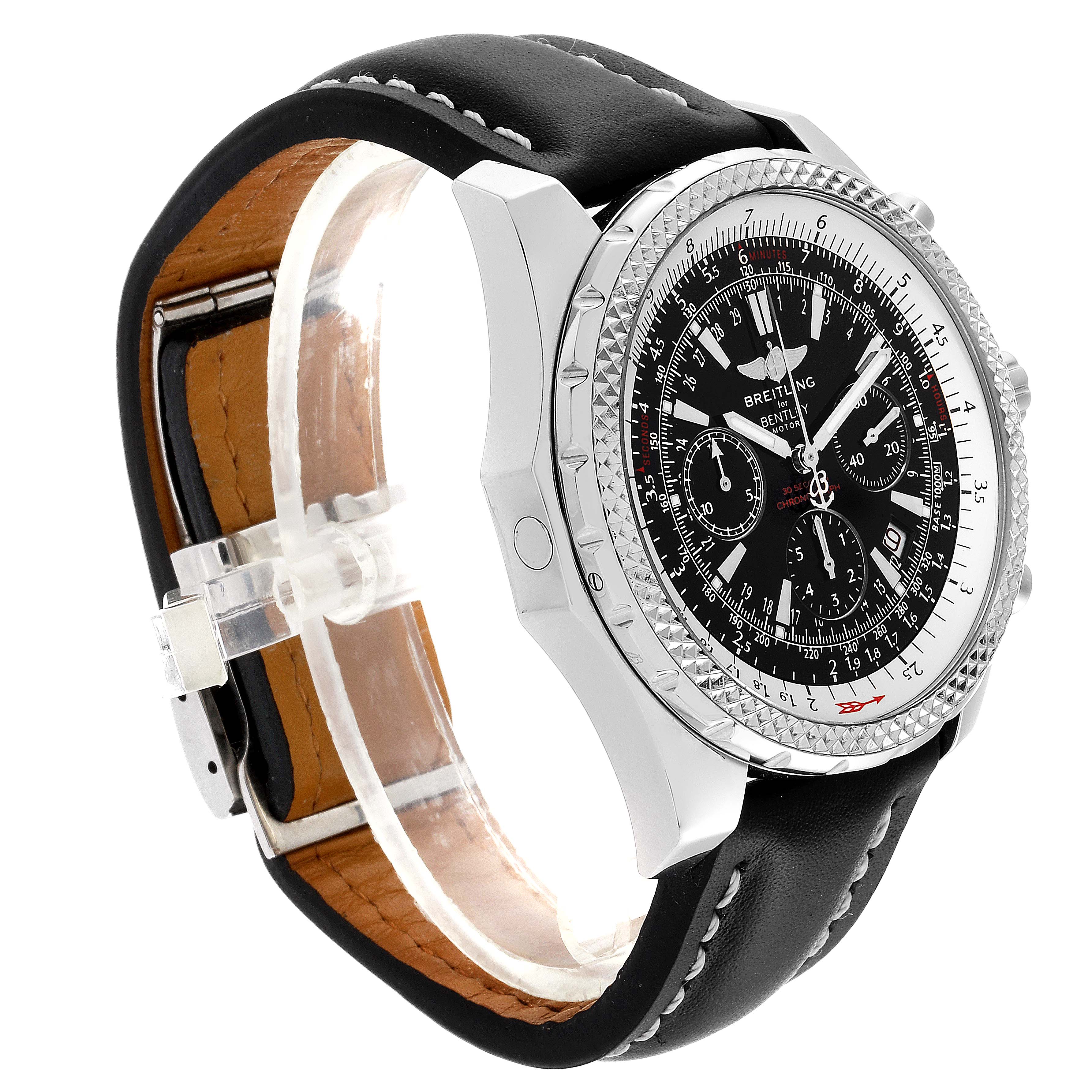 The image shows a side and front angle of a Breitling Bentley A25362 Men's Stainless Steel Black Dial A25362 Men's Stainless Steel Black Dial watch, highlighting its black leather strap and detailed bezel.