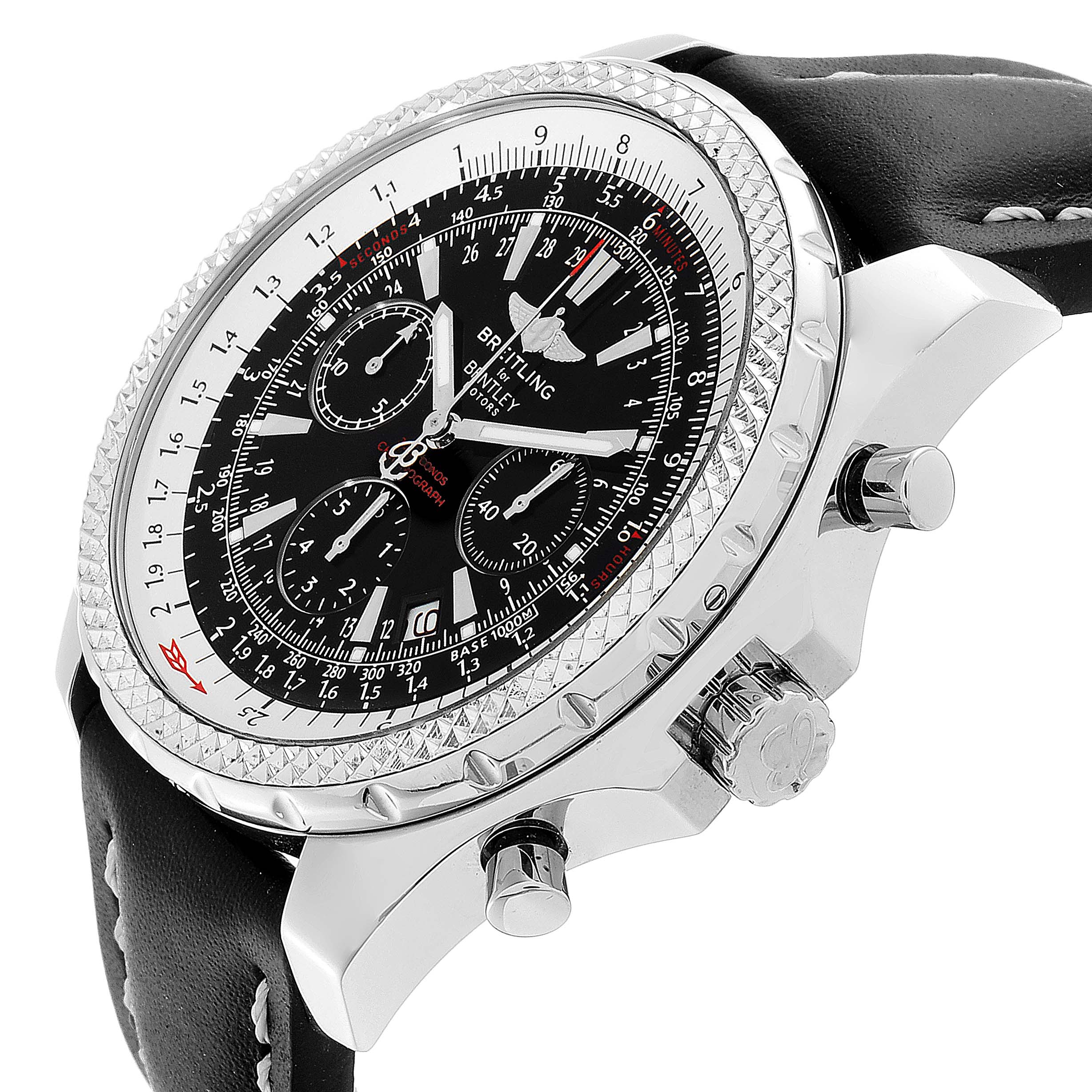 This image shows a side angle of the Breitling Bentley A25362 Men's Stainless Steel Black Dial A25362 Men's Stainless Steel Black Dial watch, highlighting the crown, chrono pushers, bezel, and black leather strap.