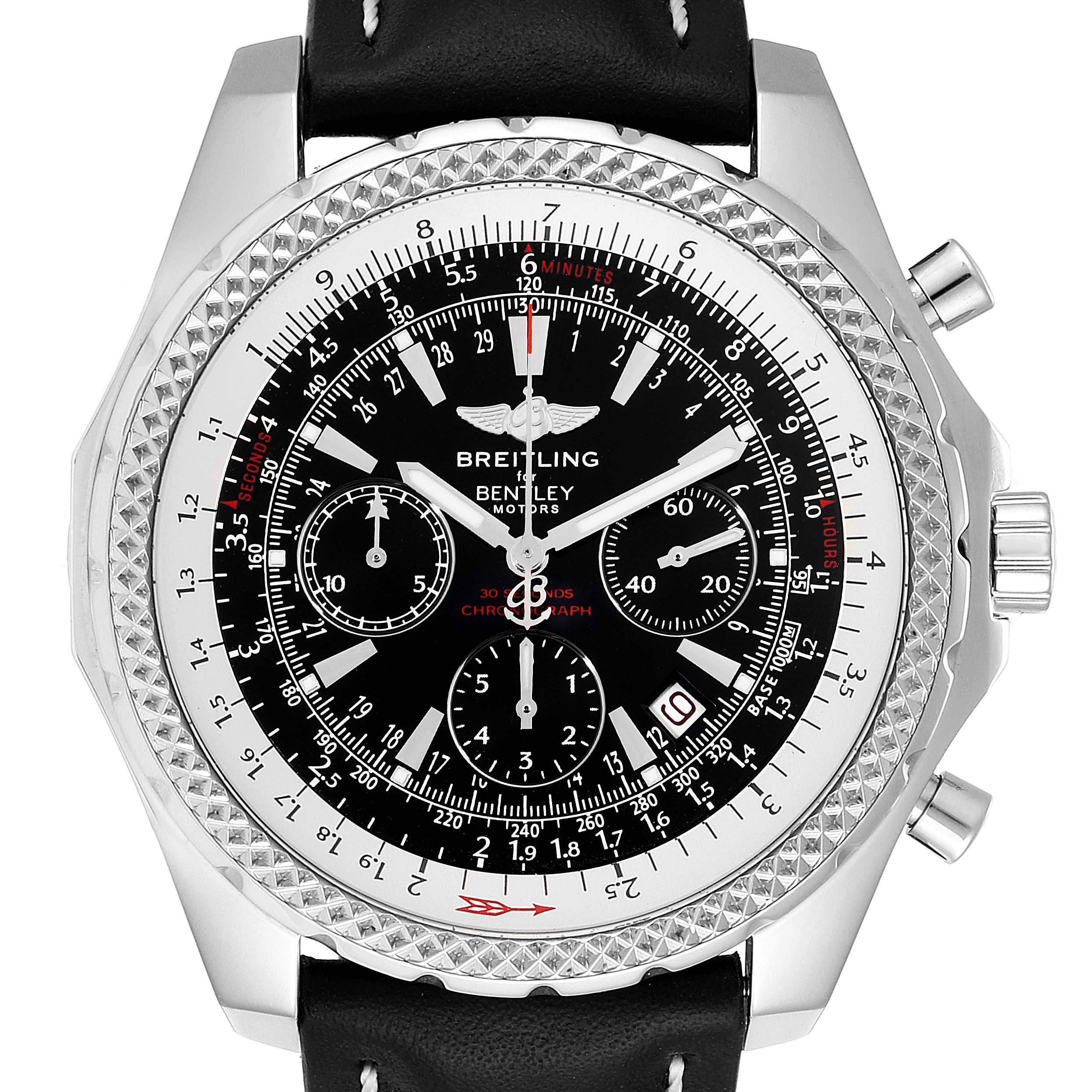 The image shows a front view of a Breitling Bentley A25362 Men's Stainless Steel Black Dial A25362 Men's Stainless Steel Black Dial watch, highlighting the face, bezel, chronograph subdials, and leather strap.
