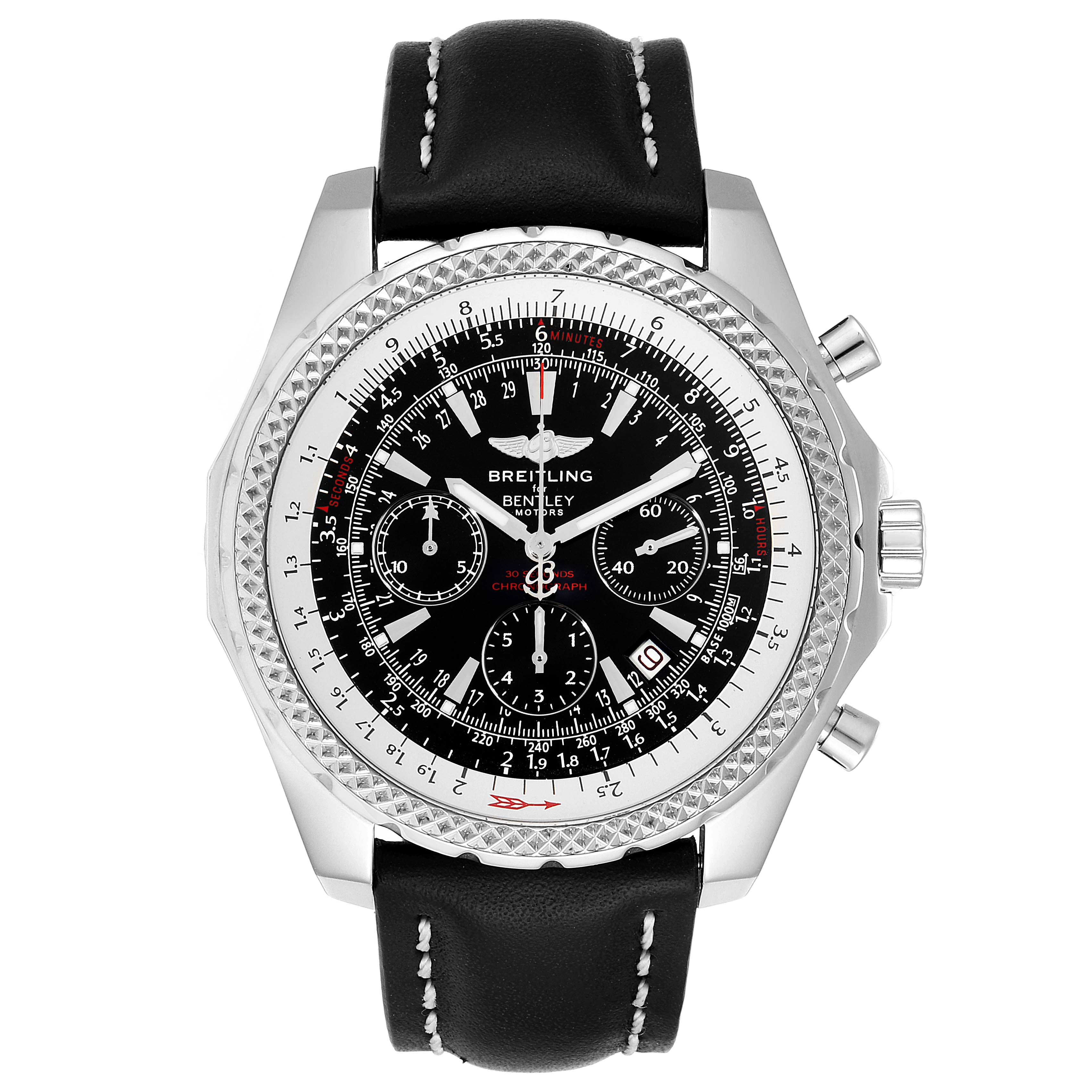 The image shows a front view of a Breitling Bentley A25362 Men's Stainless Steel Black Dial A25362 Men's Stainless Steel Black Dial watch with a black dial, leather strap, chronograph features, and a tachymeter bezel.