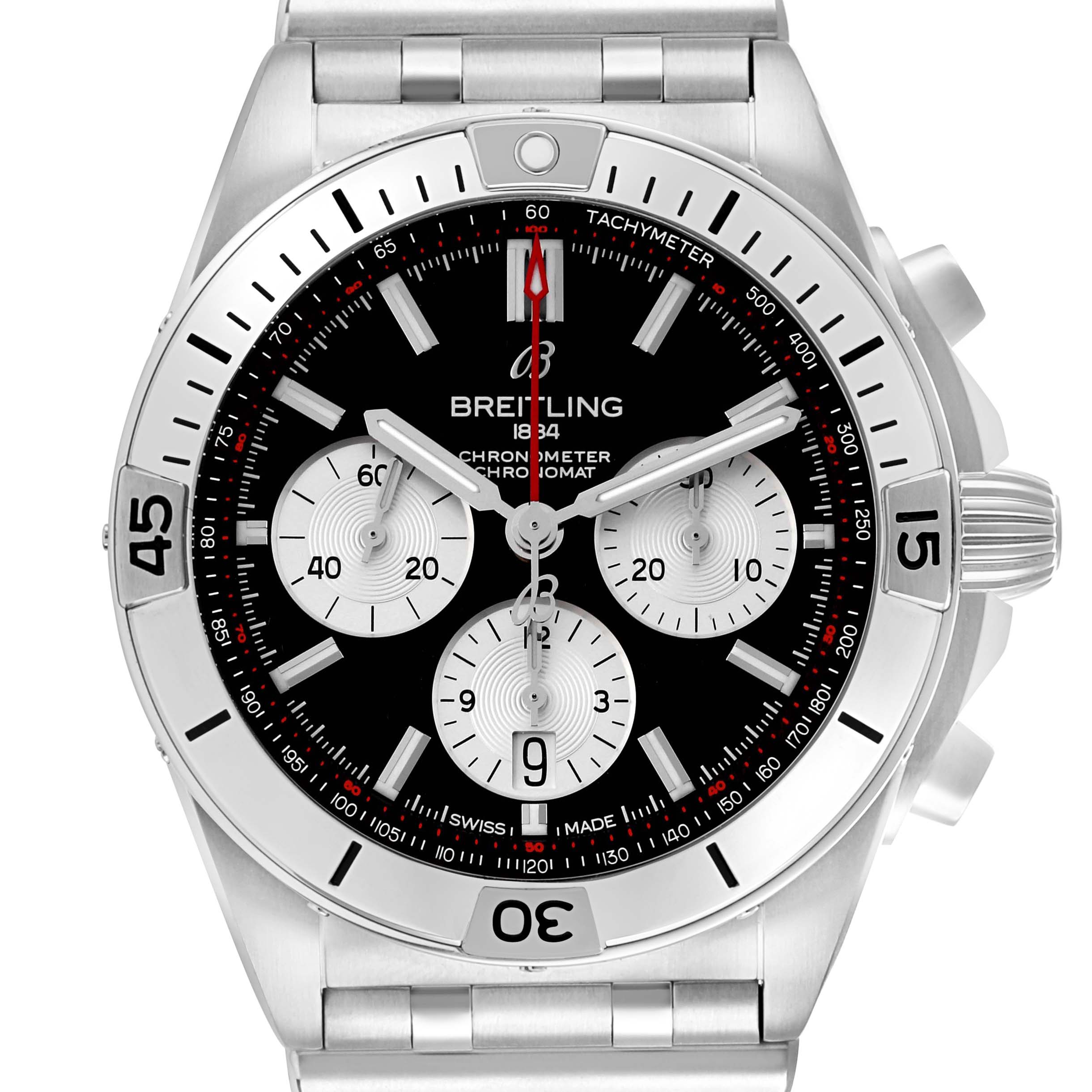 The Breitling Chronomat AB0134 Men's Stainless Steel Black Dial watch is shown from a front angle, highlighting the face, bezel, and bracelet.