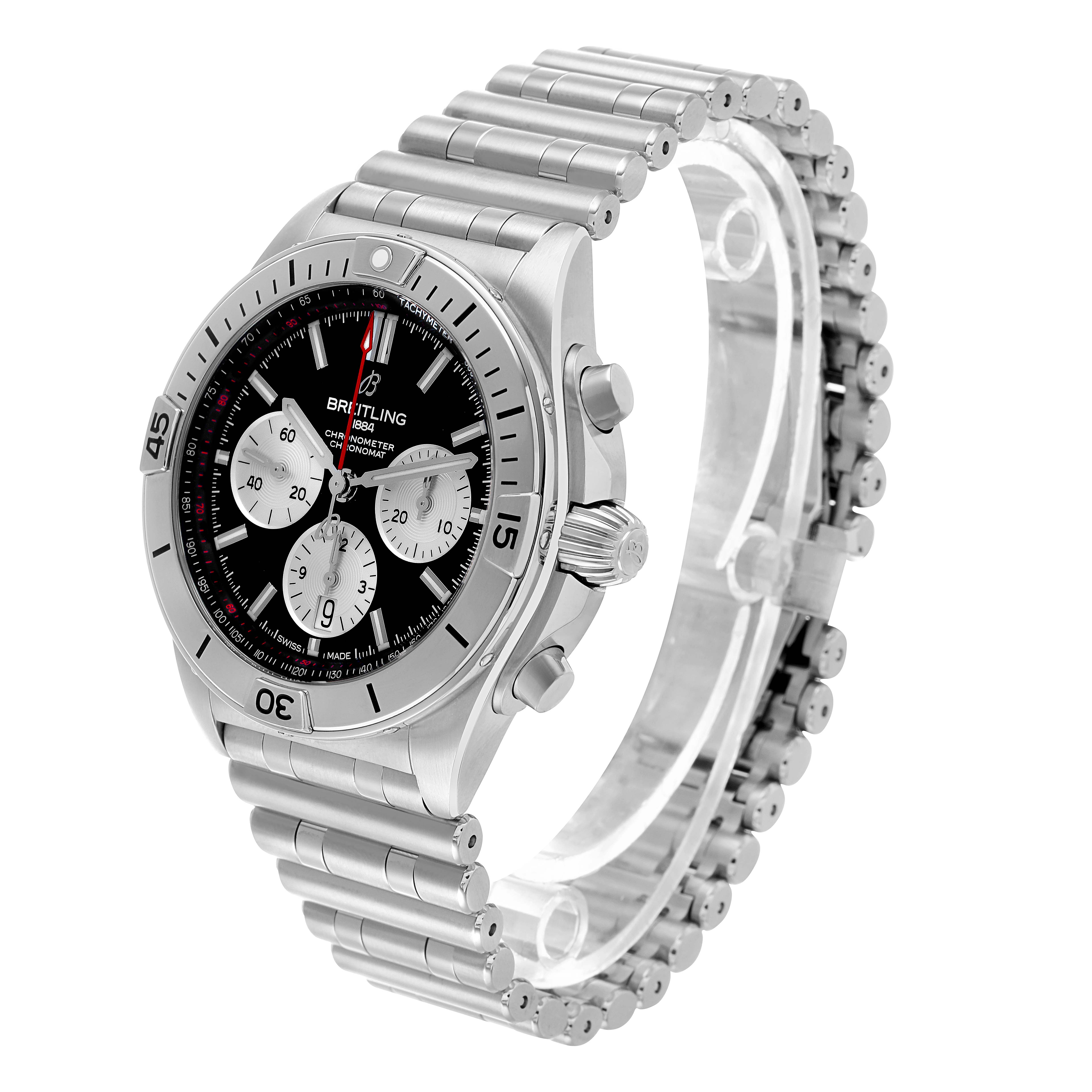 The Breitling Chronomat AB0134 Men's Stainless Steel Black Dial watch is shown from a front-right angle, highlighting the bezel, dial, crown, pushers, and bracelet.
