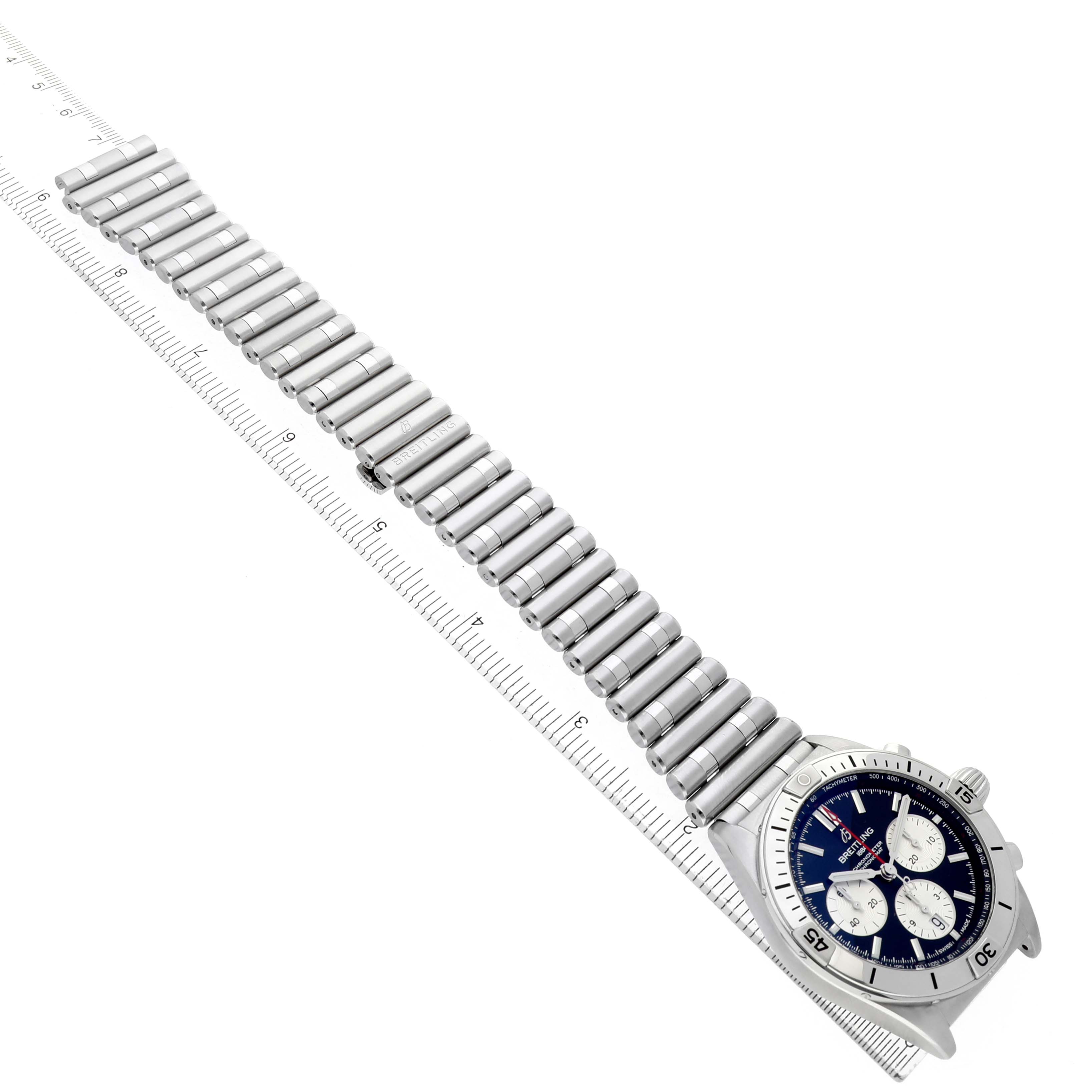 The Breitling Chronomat AB0134 Men's Stainless Steel Black Dial watch is shown from an angled top view, displaying its face, bezel, and stainless steel bracelet.