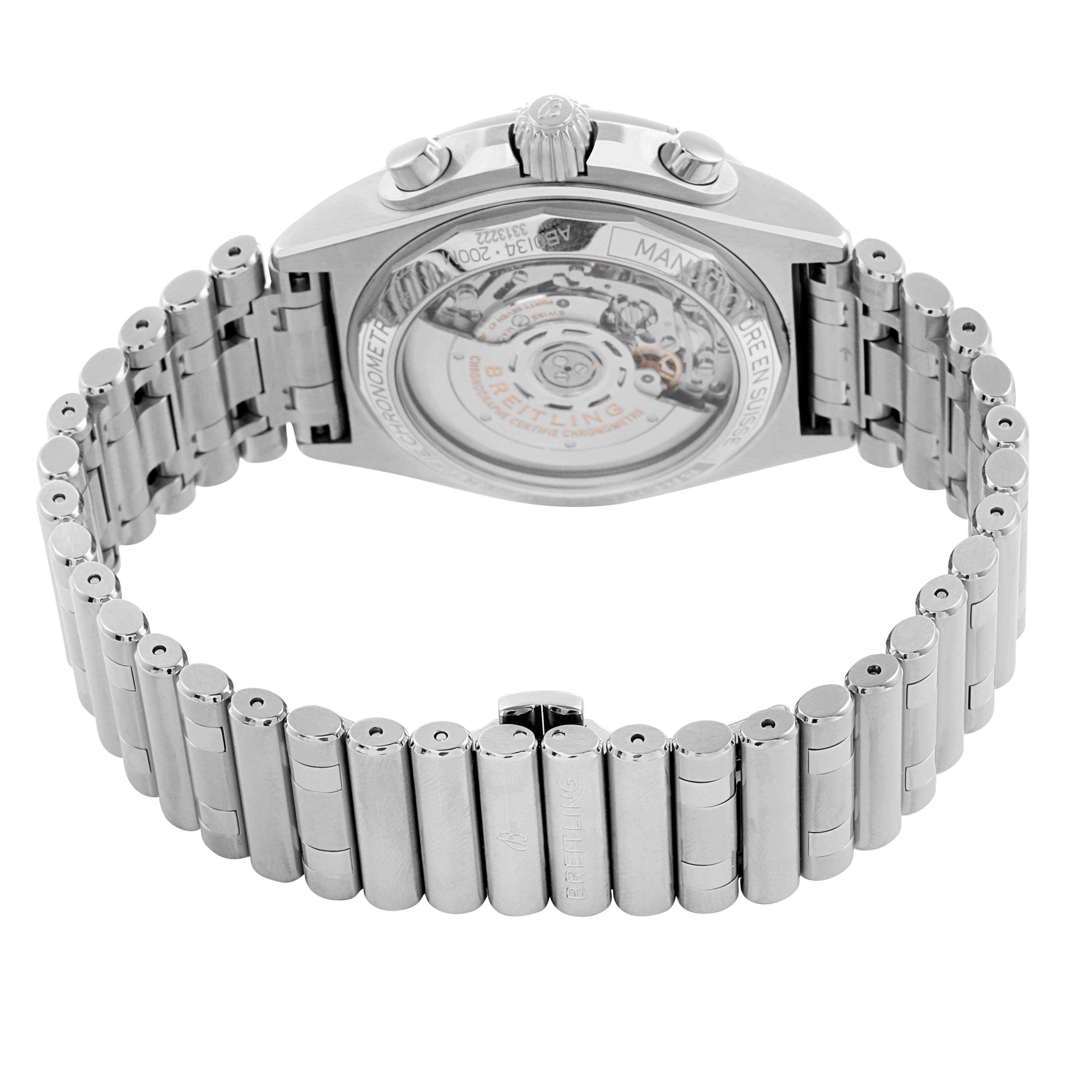 The Breitling Chronomat AB0134 Men's Stainless Steel Black Dial watch is shown from the back, highlighting the exhibition case back and the bracelet.