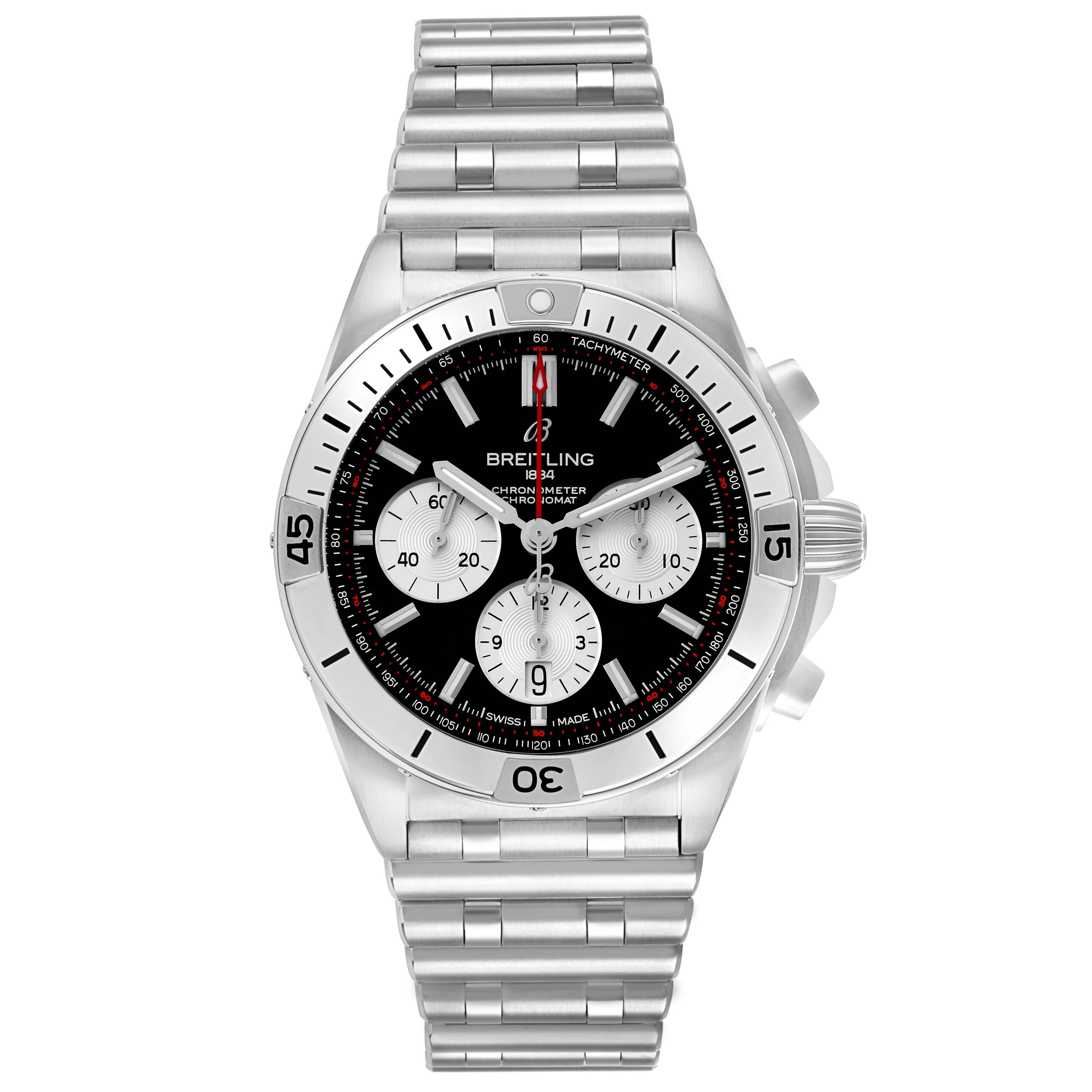 The Breitling Chronomat AB0134 Men's Stainless Steel Black Dial watch is shown from a top-down angle, displaying the bracelet, bezel, dial, and pushers.