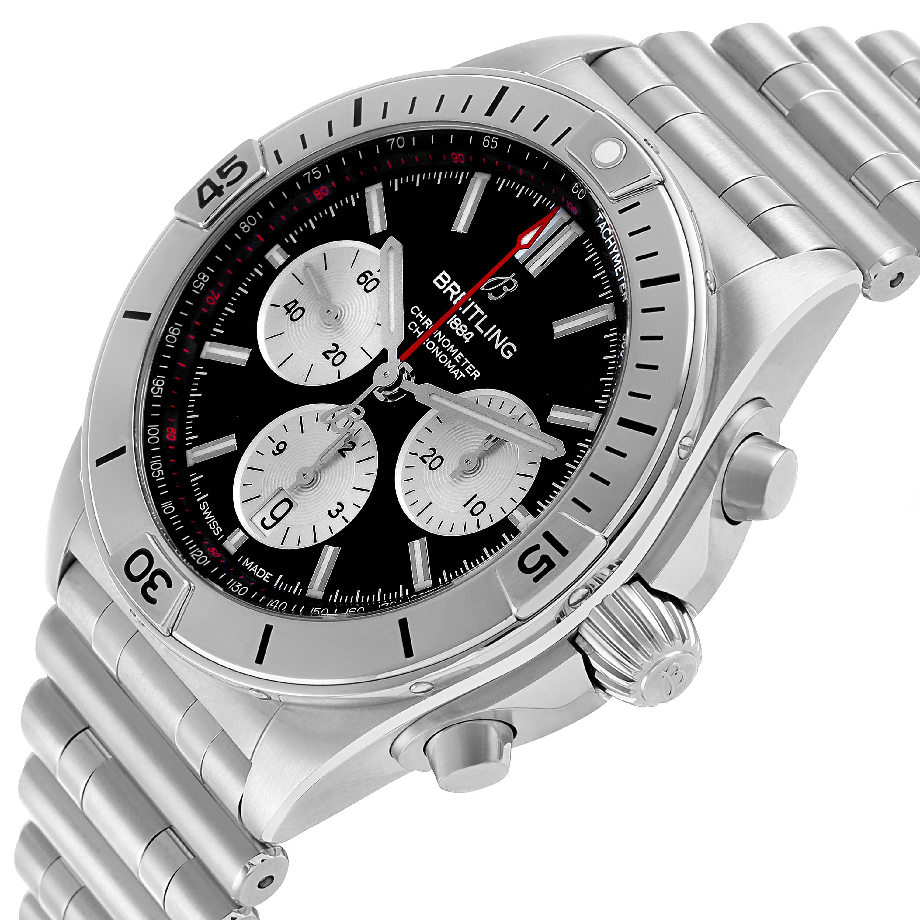 The image shows a Breitling Chronomat AB0134 Men's Stainless Steel Black Dial watch at a three-quarter angle, highlighting the bezel, dial, chronograph subdials, and bracelet.