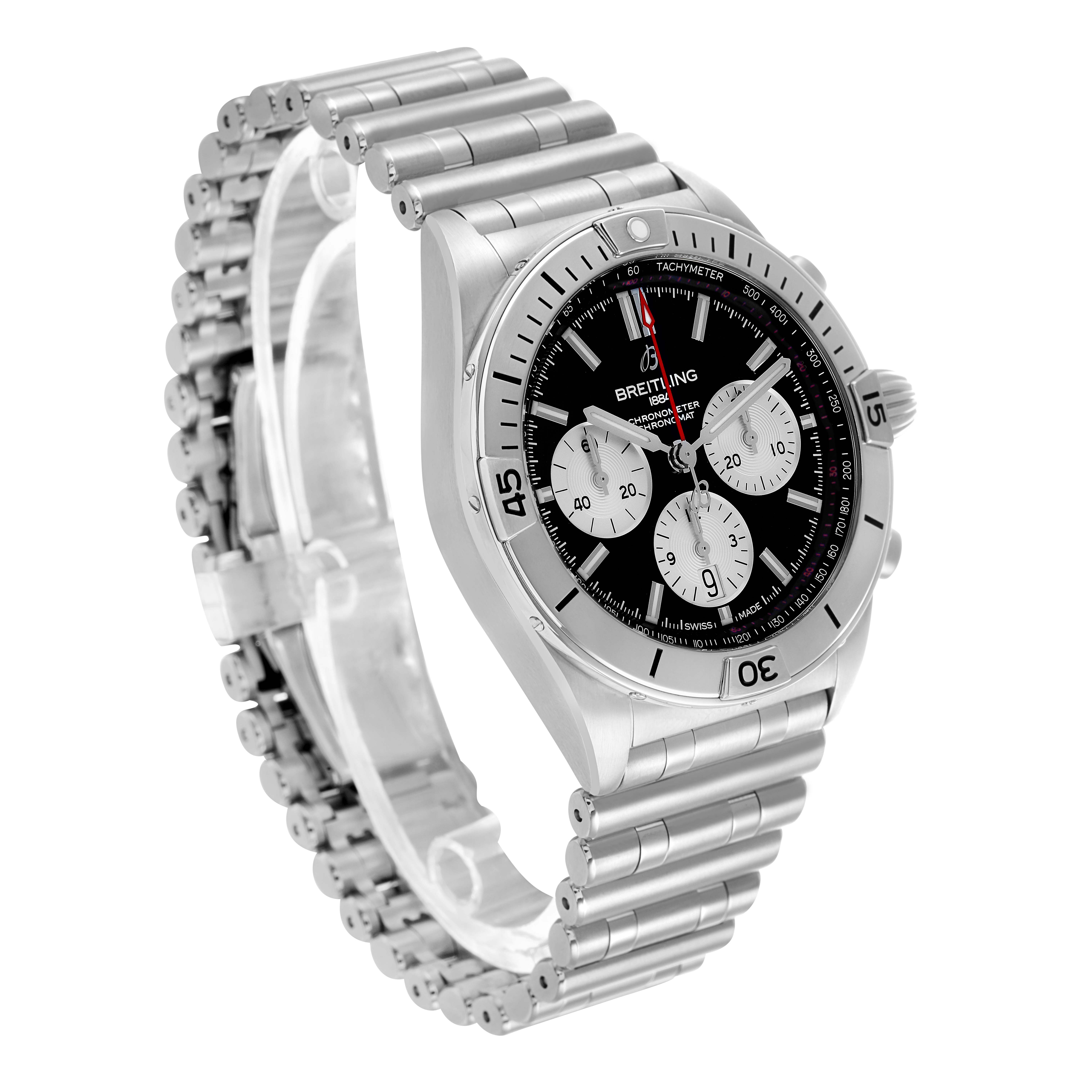 The Breitling Chronomat AB0134 Men's Stainless Steel Black Dial watch is shown at a three-quarter angle, displaying the face, bezel, crown, and part of the bracelet.