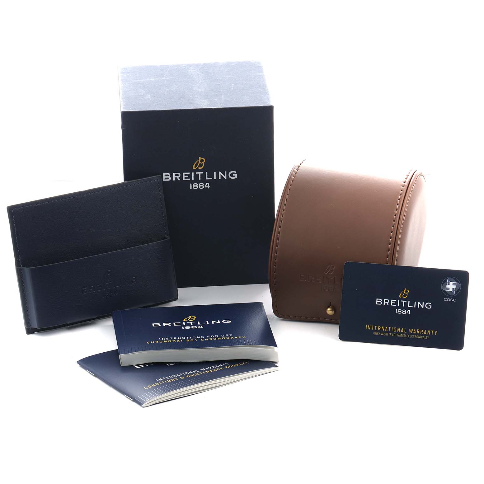 The image shows Breitling Chronomat AB0134 Men's Stainless Steel Black Dial watch accessories, including a box, case, manuals, and a warranty card.
