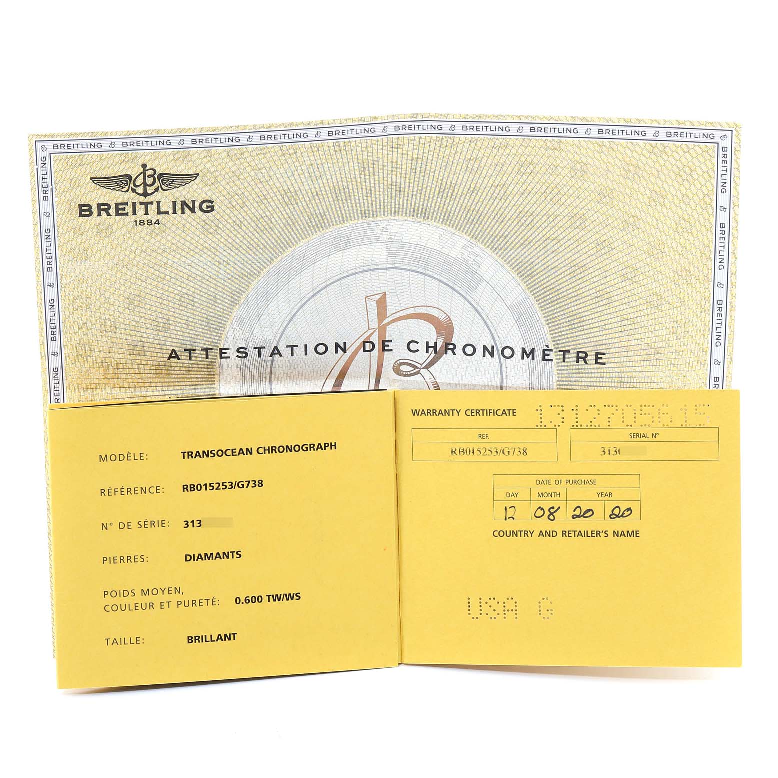 The image shows the warranty certificates and chronometer attestation for a Breitling Transocean RB0152 Men's Rose Gold Silver Dial RB0152 Men's Rose Gold Silver Dial Chronograph watch model.