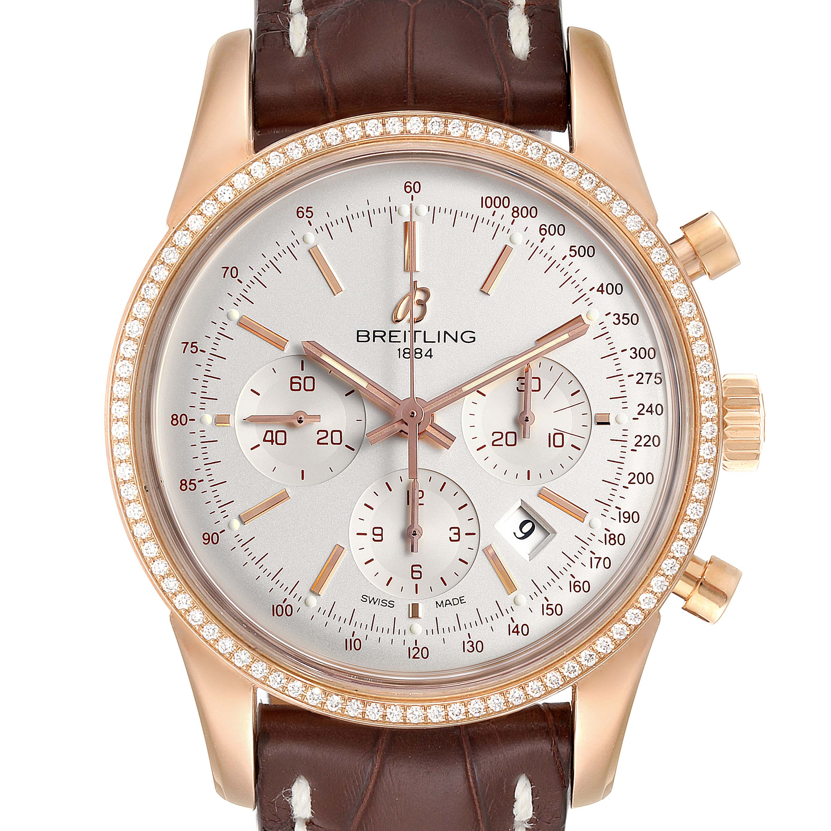 The Breitling Transocean RB0152 Men's Rose Gold Silver Dial RB0152 Men's Rose Gold Silver Dial watch is shown from a front angle, displaying the dial, bezel, crown, pushers, and strap.