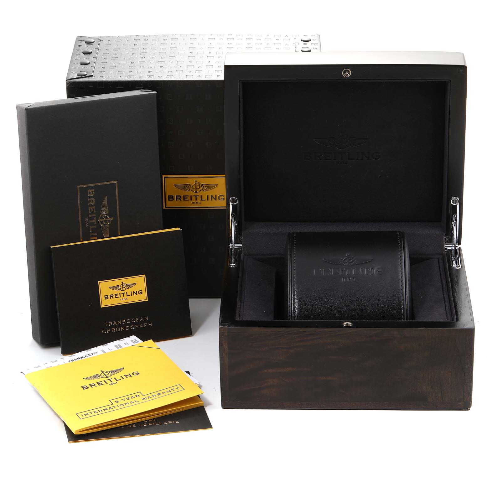 The image shows a Breitling Transocean RB0152 Men's Rose Gold Silver Dial RB0152 Men's Rose Gold Silver Dial model watch box, warranty cards, booklets, and documentation.