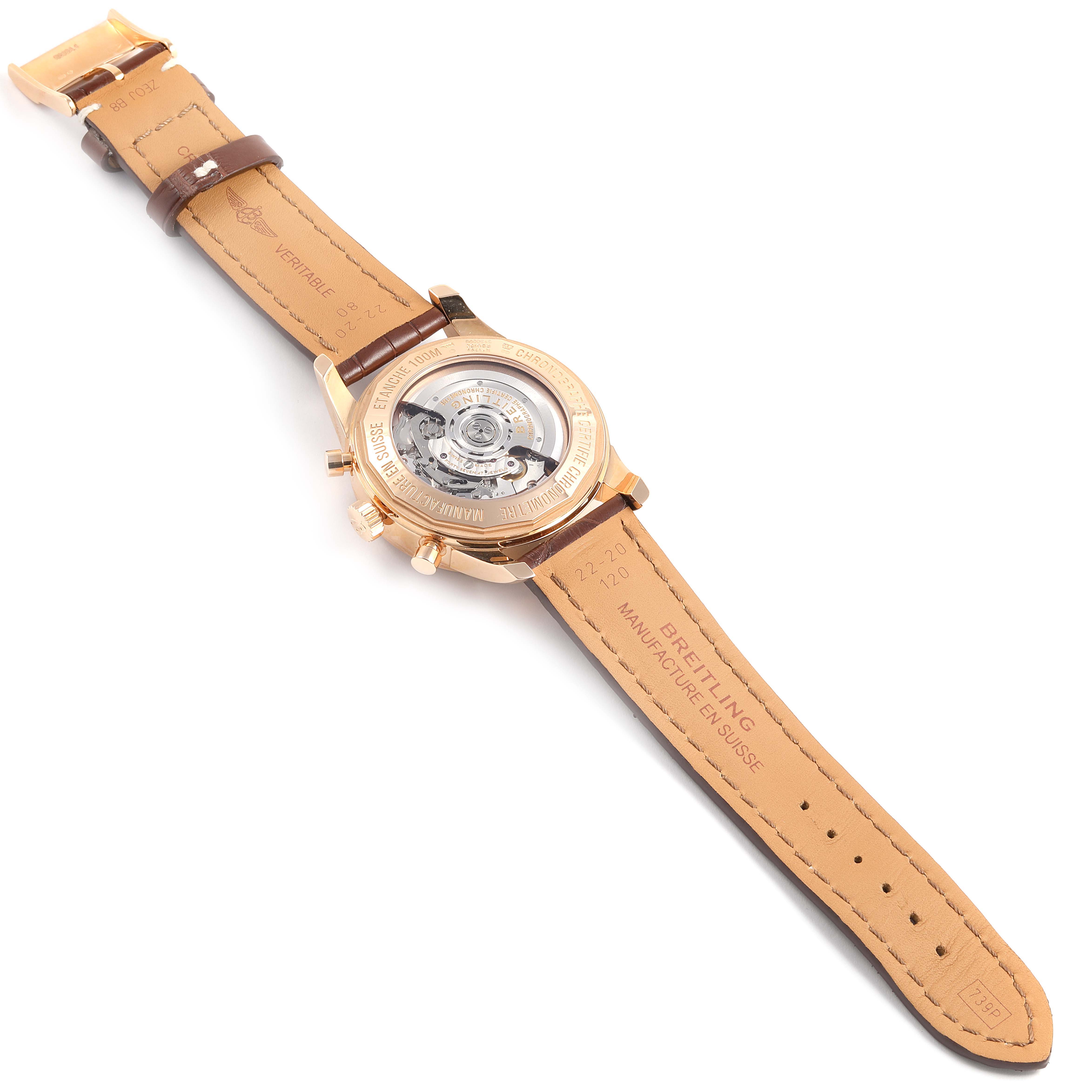 The image shows the back view of a Breitling Transocean RB0152 Men's Rose Gold Silver Dial RB0152 Men's Rose Gold Silver Dial watch, displaying its open case back and leather straps.