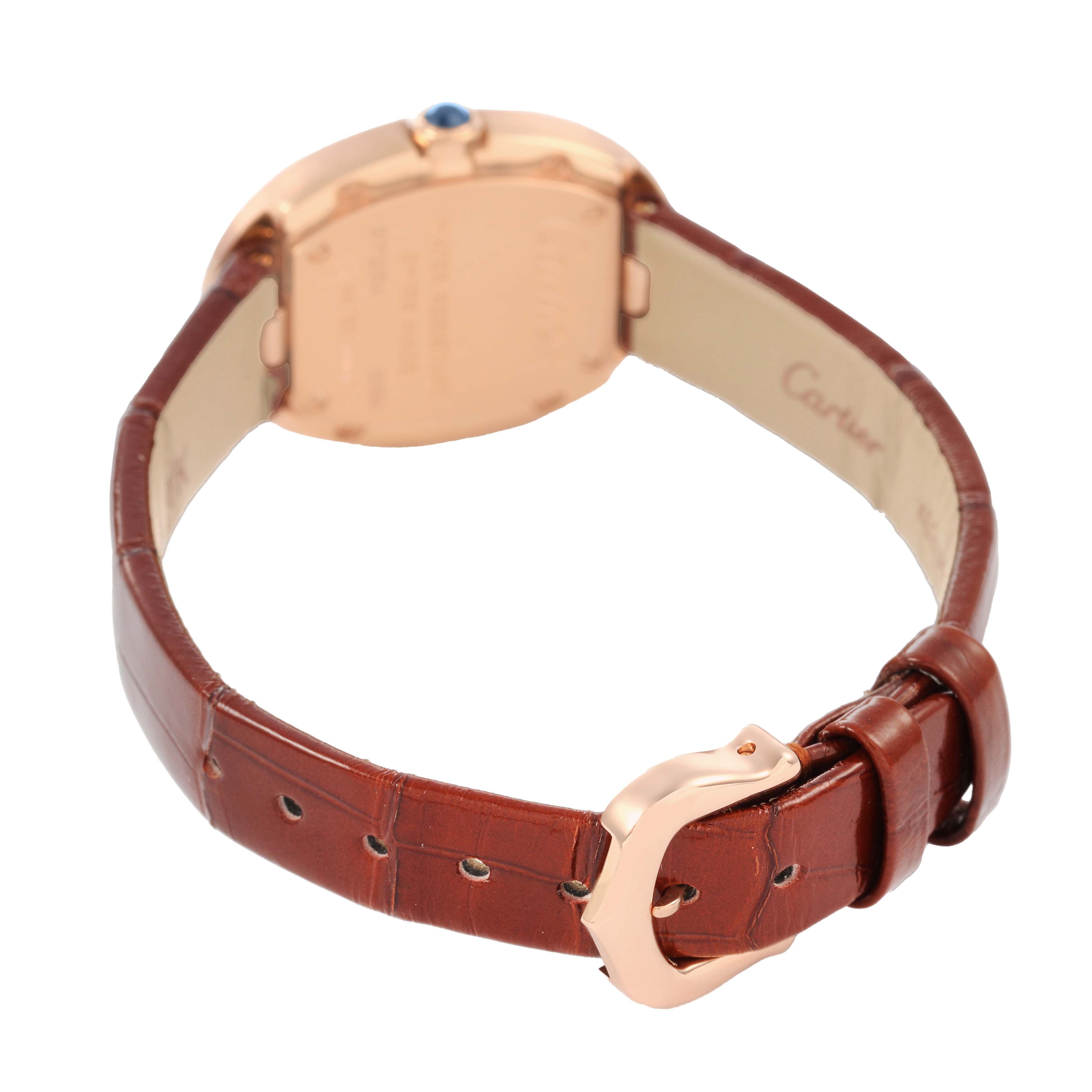 The Cartier Baignoire W8000007 Women's Rose Gold Silver Dial watch is shown from the back, highlighting the clasp, strap, and case back.
