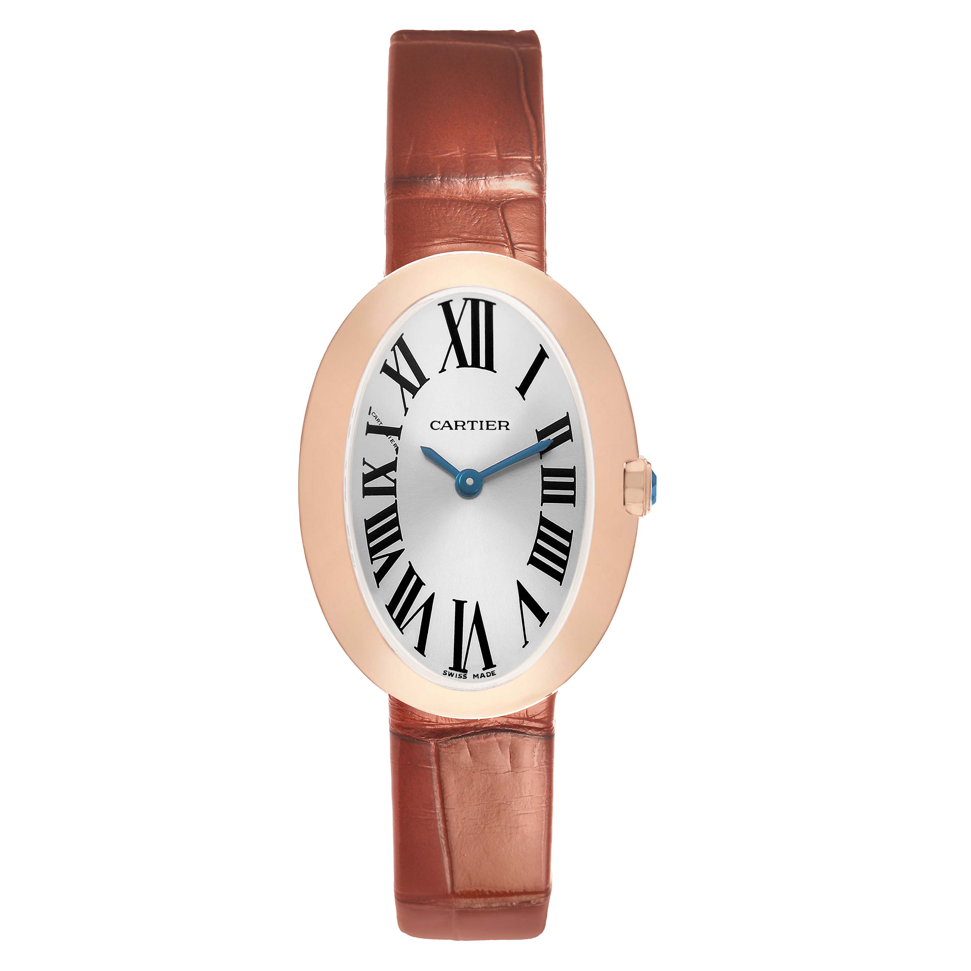 The Cartier Baignoire W8000007 Women's Rose Gold Silver Dial watch is shown from a front angle, displaying its oval face, Roman numerals, and leather strap.