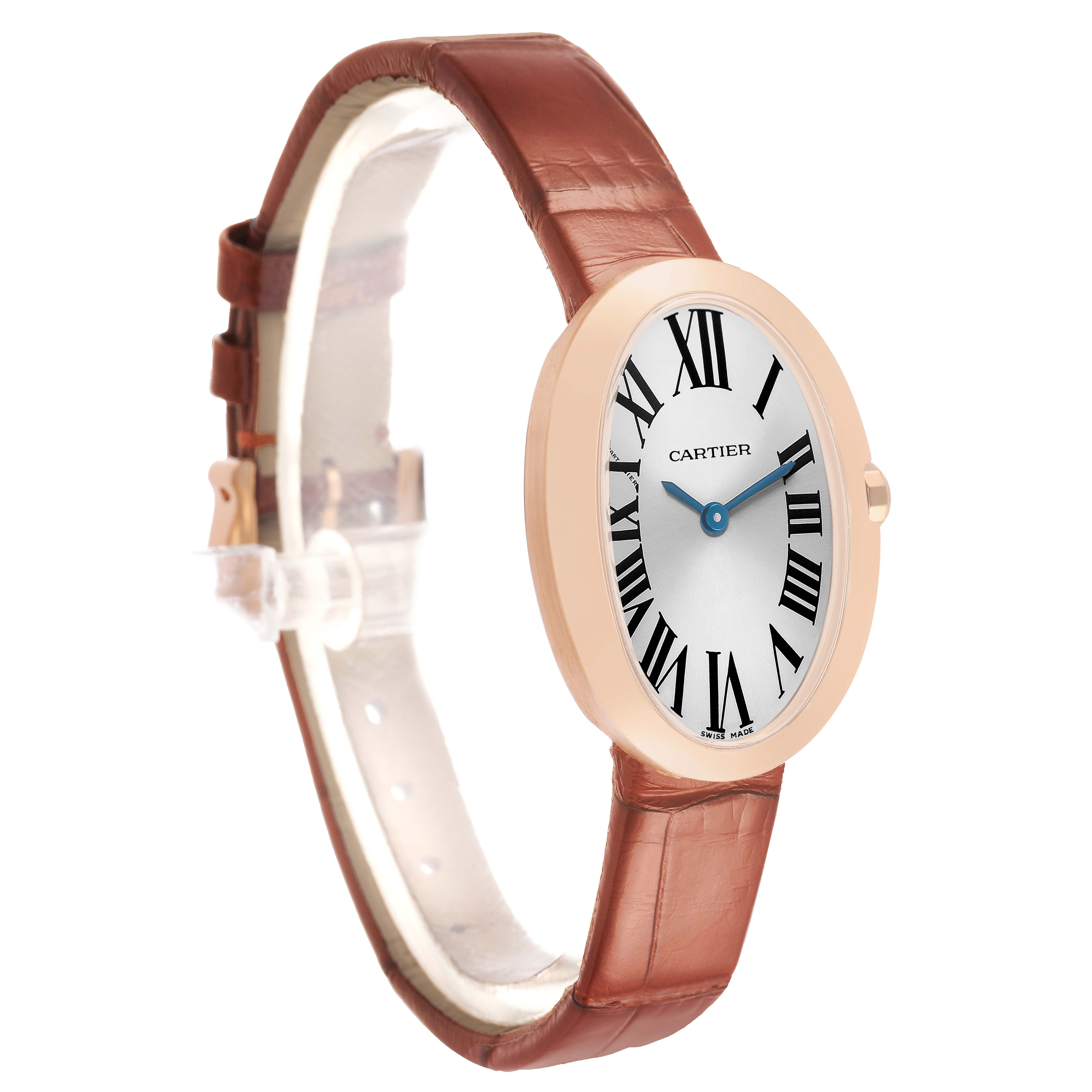 The Cartier Baignoire W8000007 Women's Rose Gold Silver Dial watch is shown at a three-quarter angle, highlighting the oval face, Roman numerals, and leather strap.