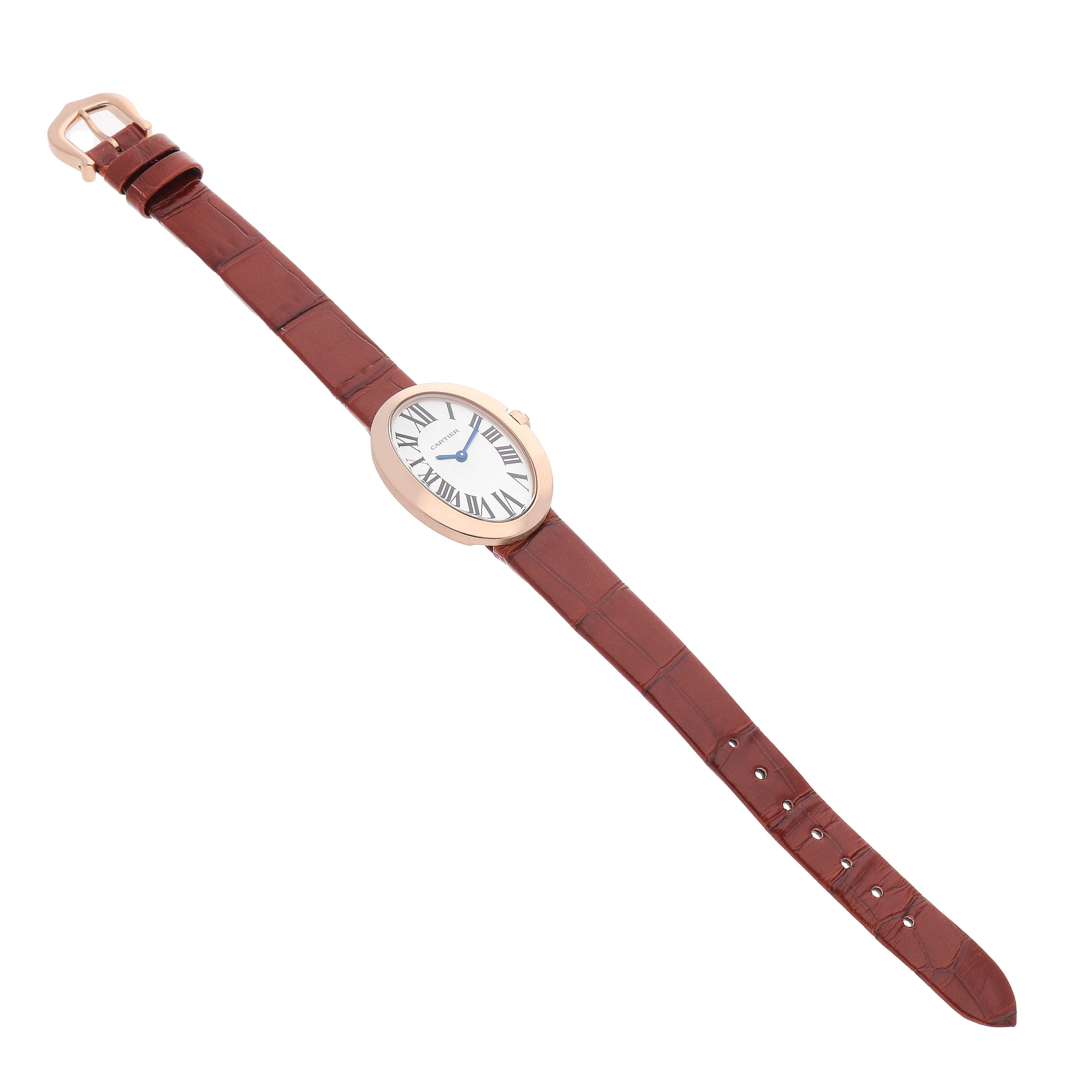 The Cartier Baignoire W8000007 Women's Rose Gold Silver Dial watch is shown from a top view, displaying its oval face, Roman numeral dial, and brown leather strap.