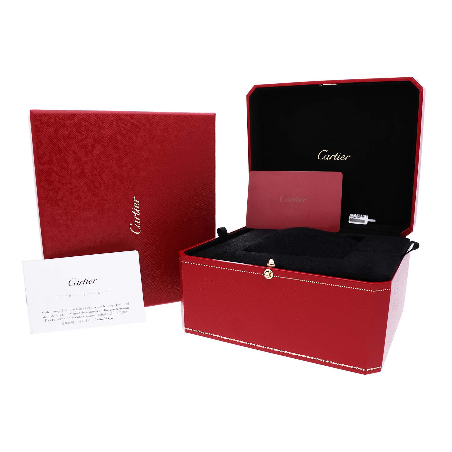The image shows the packaging and accessories for a Cartier Baignoire W8000007 Women's Rose Gold Silver Dial watch, including a red box, warranty card, and instructions.