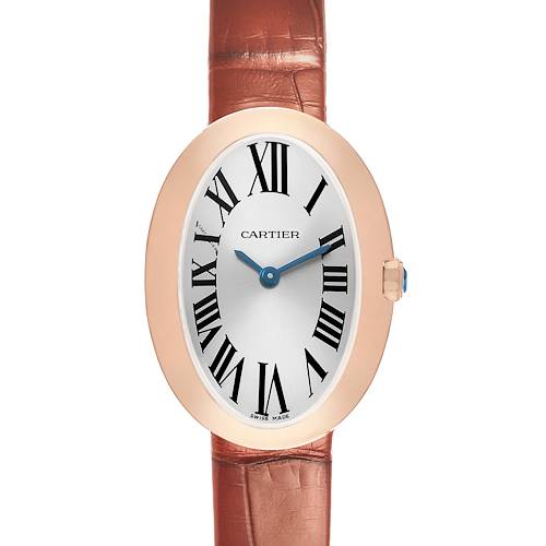 The Cartier Baignoire W8000007 Women's Rose Gold Silver Dial watch is shown from the front, featuring its oval face, Roman numerals, and a brown leather strap.