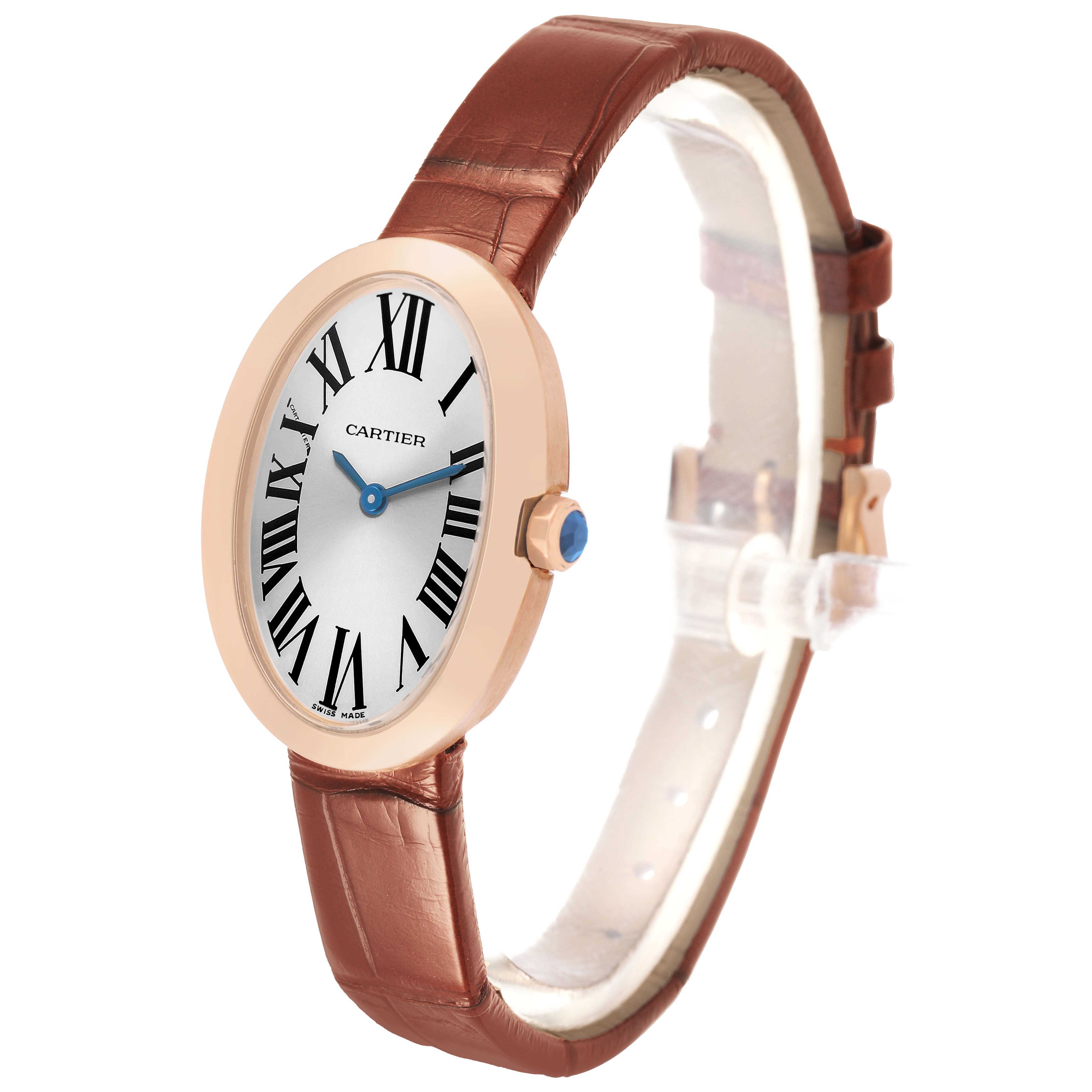 The Cartier Baignoire W8000007 Women's Rose Gold Silver Dial watch is shown at a slight angle highlighting the oval face, Roman numerals, and leather strap.