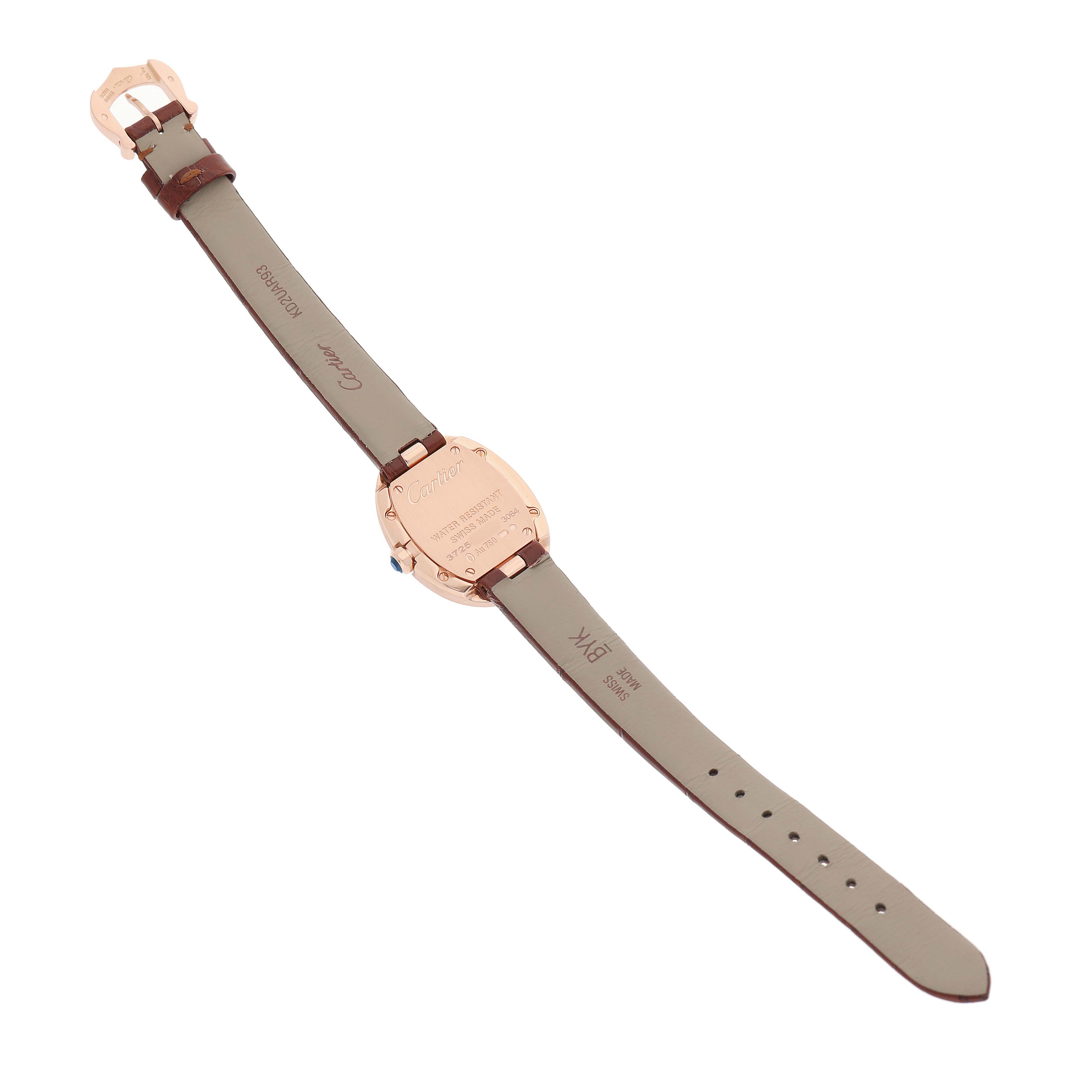 The Cartier Baignoire W8000007 Women's Rose Gold Silver Dial watch is shown from the back, highlighting the case, strap, and buckle.