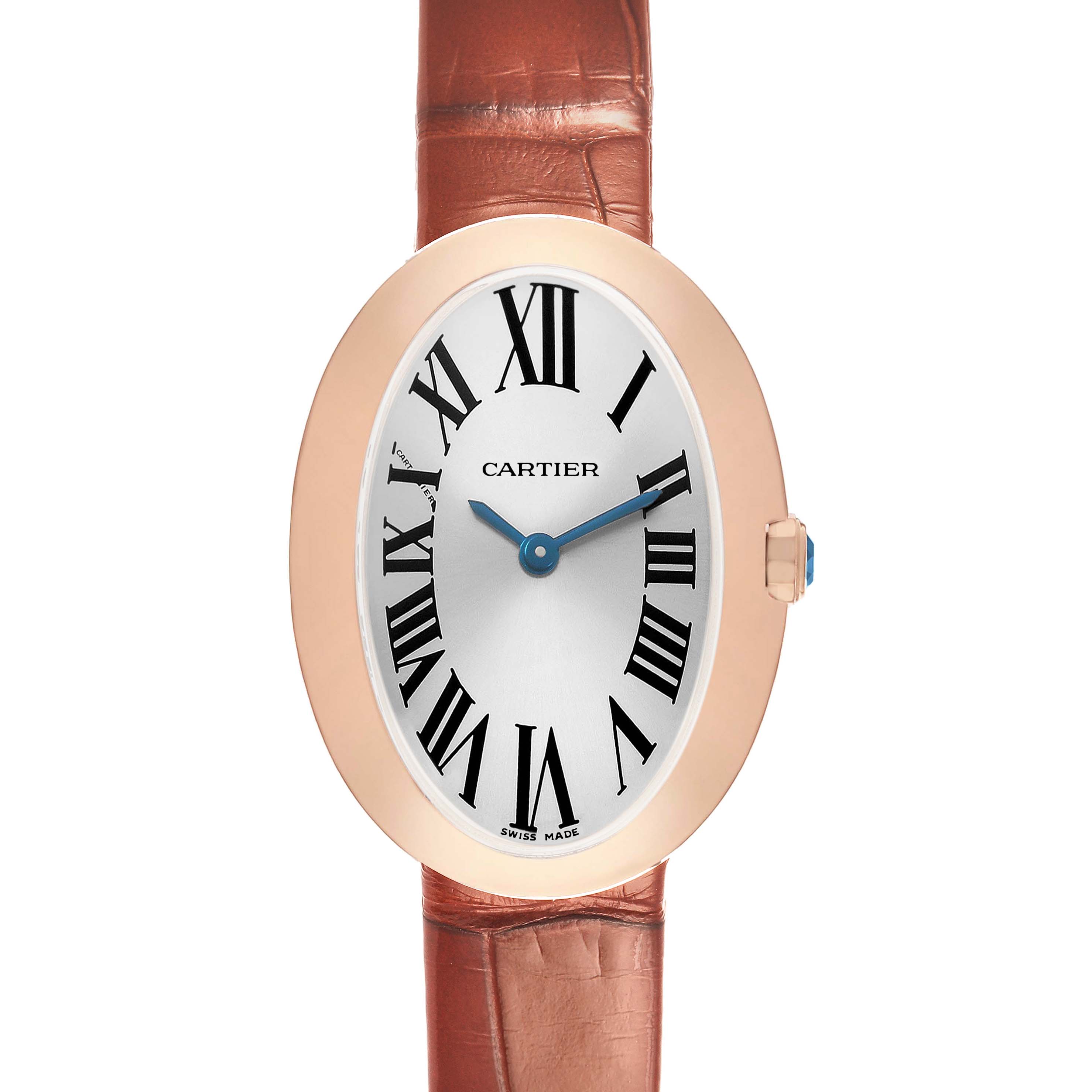 The Cartier Baignoire W8000007 Women's Rose Gold Silver Dial watch is shown from the front, highlighting its oval face, Roman numerals, rose gold bezel, and brown strap.