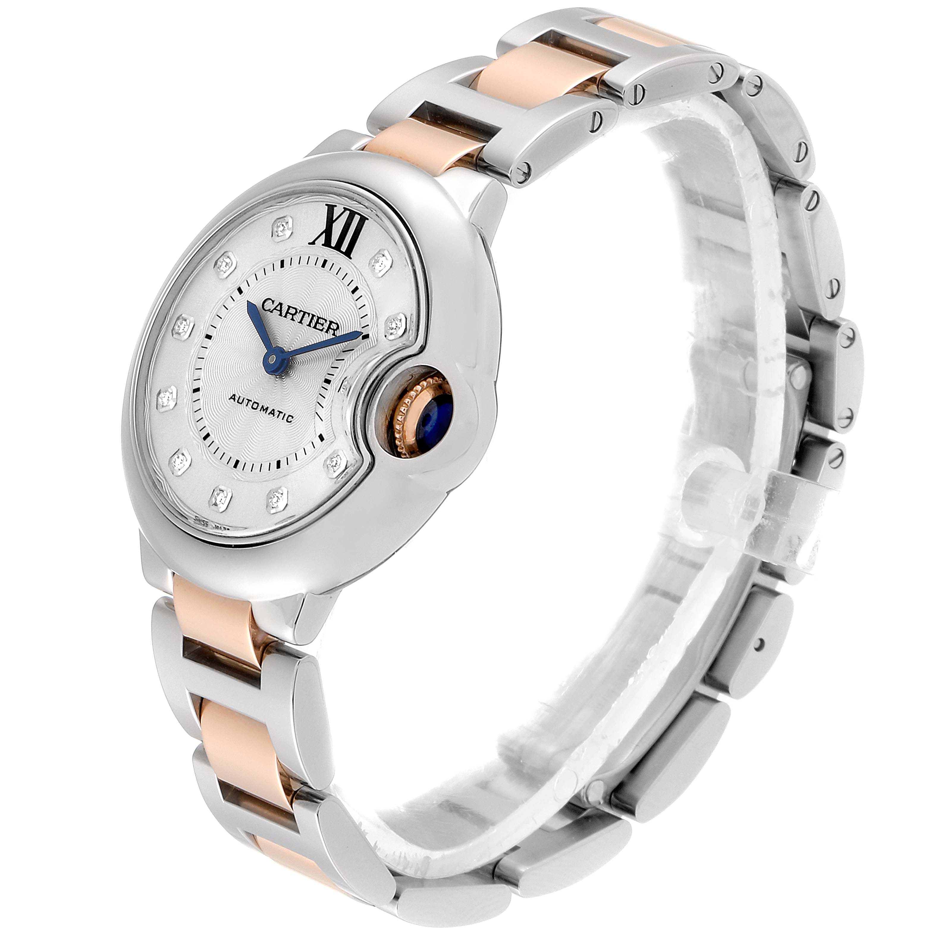 The image shows a Cartier Ballon Bleu WE902061 Women's Steel and Gold (two tone) Silver Dial WE902061 Women's Steel and Gold (two tone) Silver Dial watch from a three-quarter angle, highlighting the face, crown, and bracelet.
