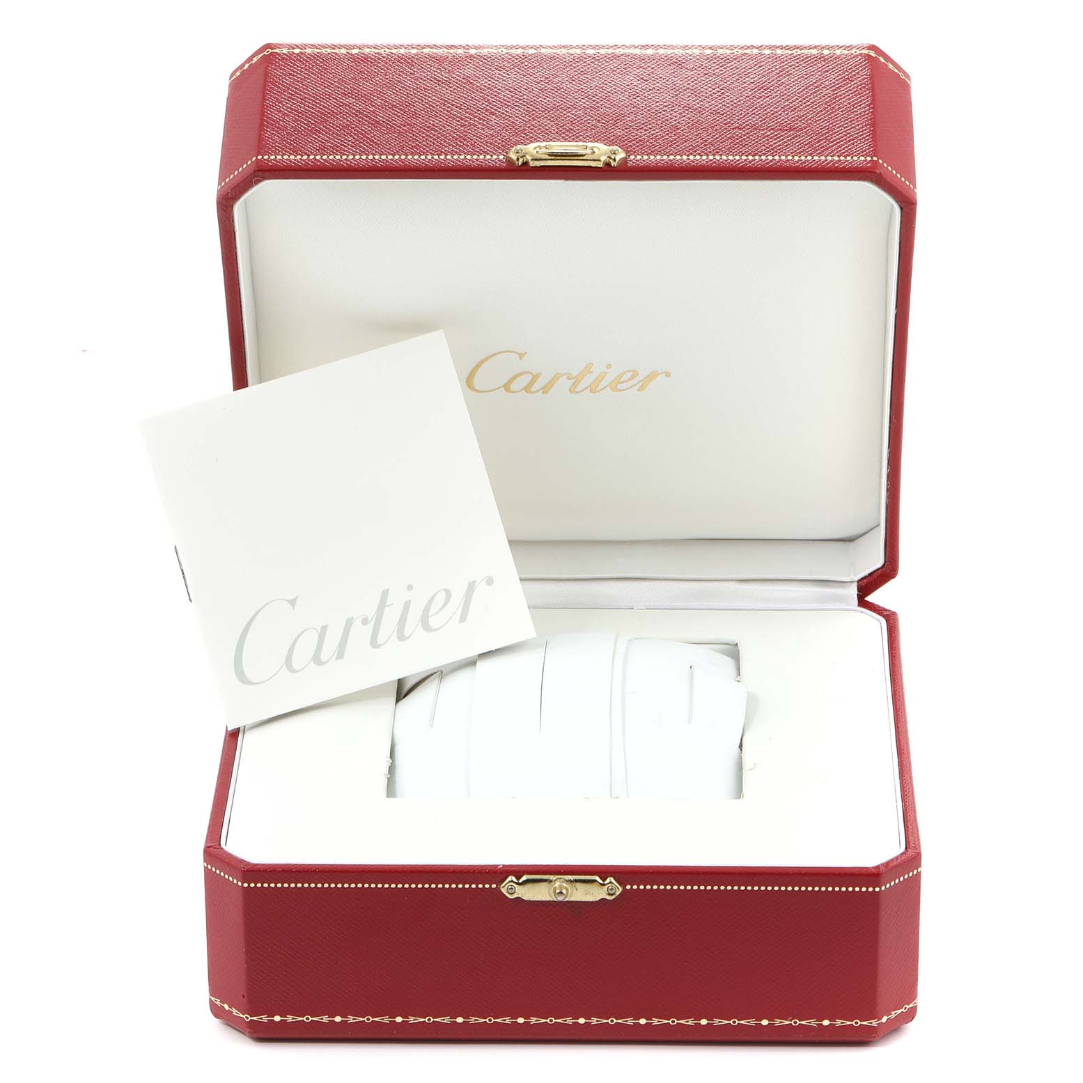 The image shows a Cartier Ballon Bleu WE902061 Women's Steel and Gold (two tone) Silver Dial WE902061 Women's Steel and Gold (two tone) Silver Dial watch box with an open lid and an accompanying booklet.