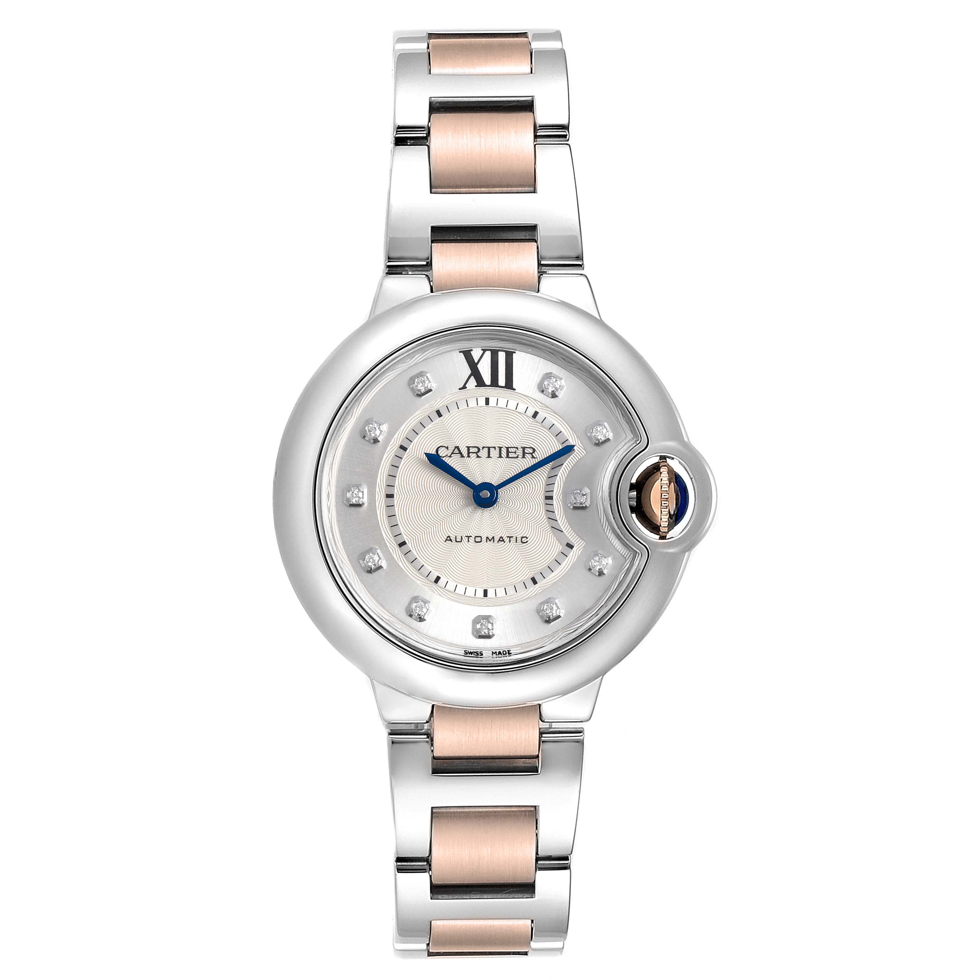 The image shows a frontal view of the Cartier Ballon Bleu WE902061 Women's Steel and Gold (two tone) Silver Dial WE902061 Women's Steel and Gold (two tone) Silver Dial watch, highlighting its dial, crown, and two-tone bracelet.