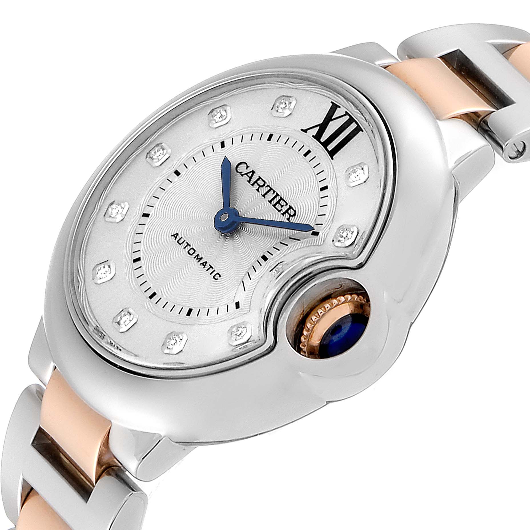 This is a close-up view of the dial and part of the bracelet of a Cartier Ballon Bleu WE902061 Women's Steel and Gold (two tone) Silver Dial WE902061 Women's Steel and Gold (two tone) Silver Dial watch.